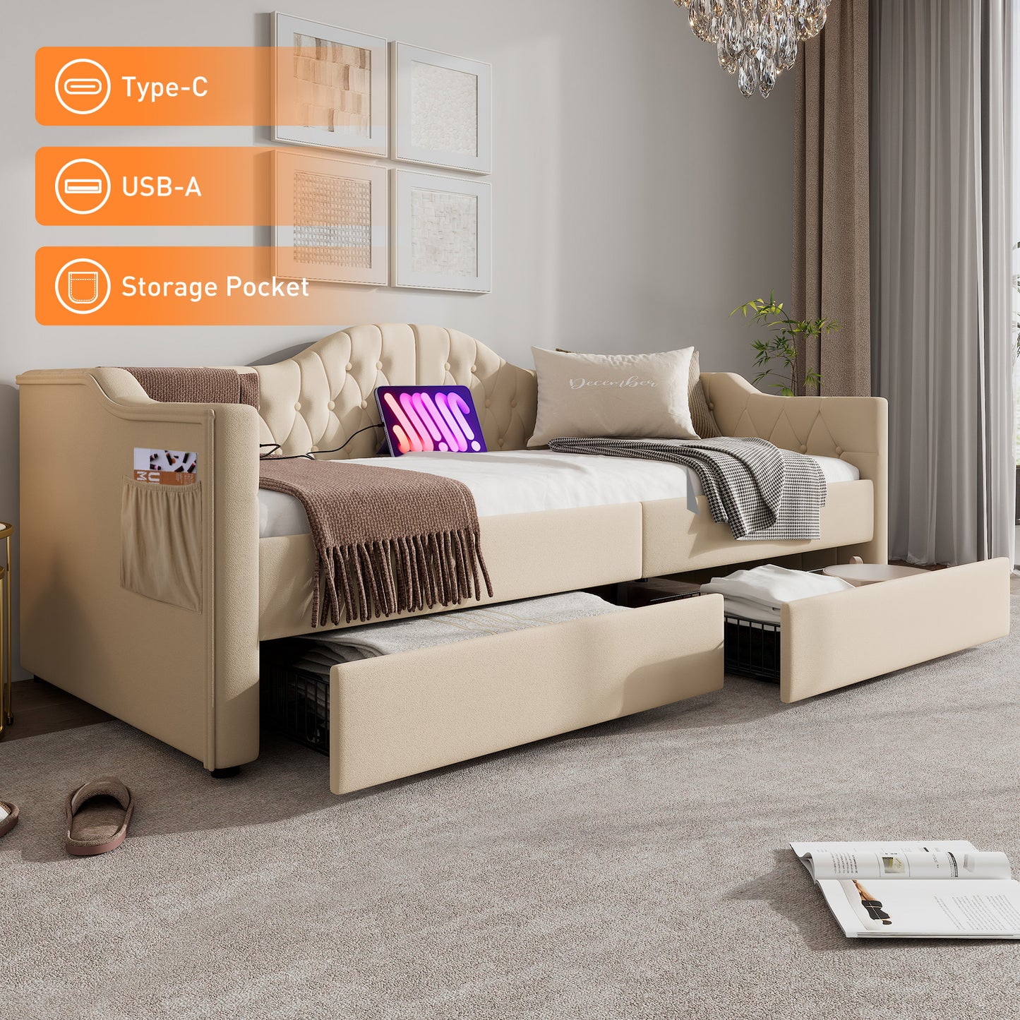 Gigab2b original image - Polsterbett Daybett Schlafsofa Stauraumbetten Bettgestell mit USB Type C Ladefunktion und 2 Schubladen 90x200cm Samt in Beige Samt(Ohne Matratze)