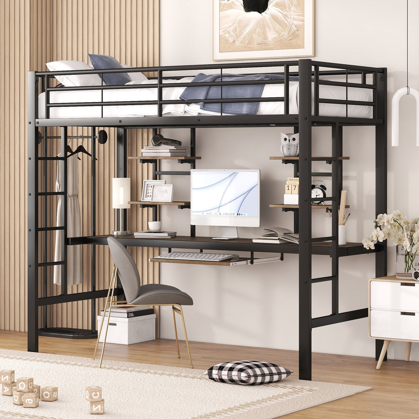 (=WX000123AAB) Bettgestell Metallbett, Eisenbett, Hochbett mit Schreibtisch und zwei Bücherregalen für Kinder, Jugendliche und Erwachsene, 90x200cm, schwarz