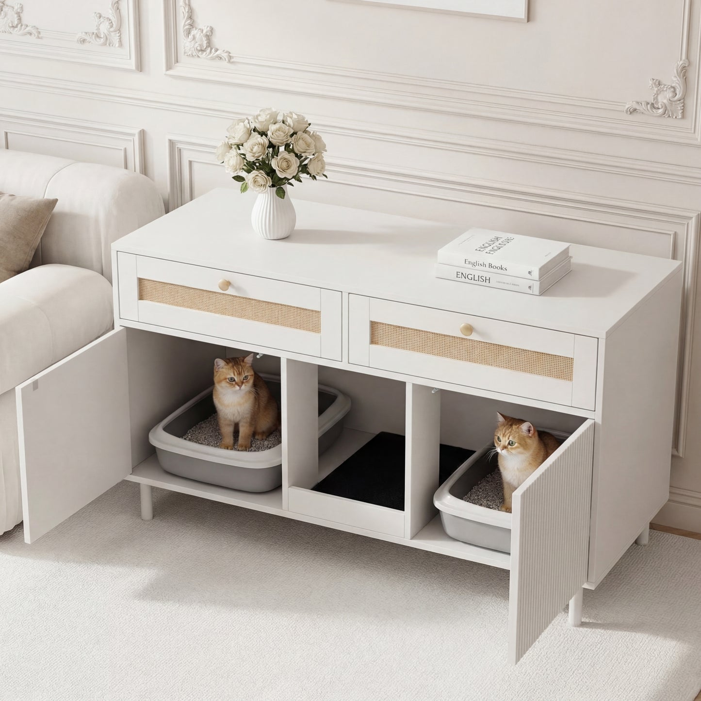 Gigab2b original image - Katzentoilettenschrank mit Katzenstreufangmatte, Katzenstreuschrank, Haustierschrank mit Rattanschublade, Haustier-Sideboard/TV-Schrank, ohne Katzenstreu-Box, Weiß, 120x50x65 cm