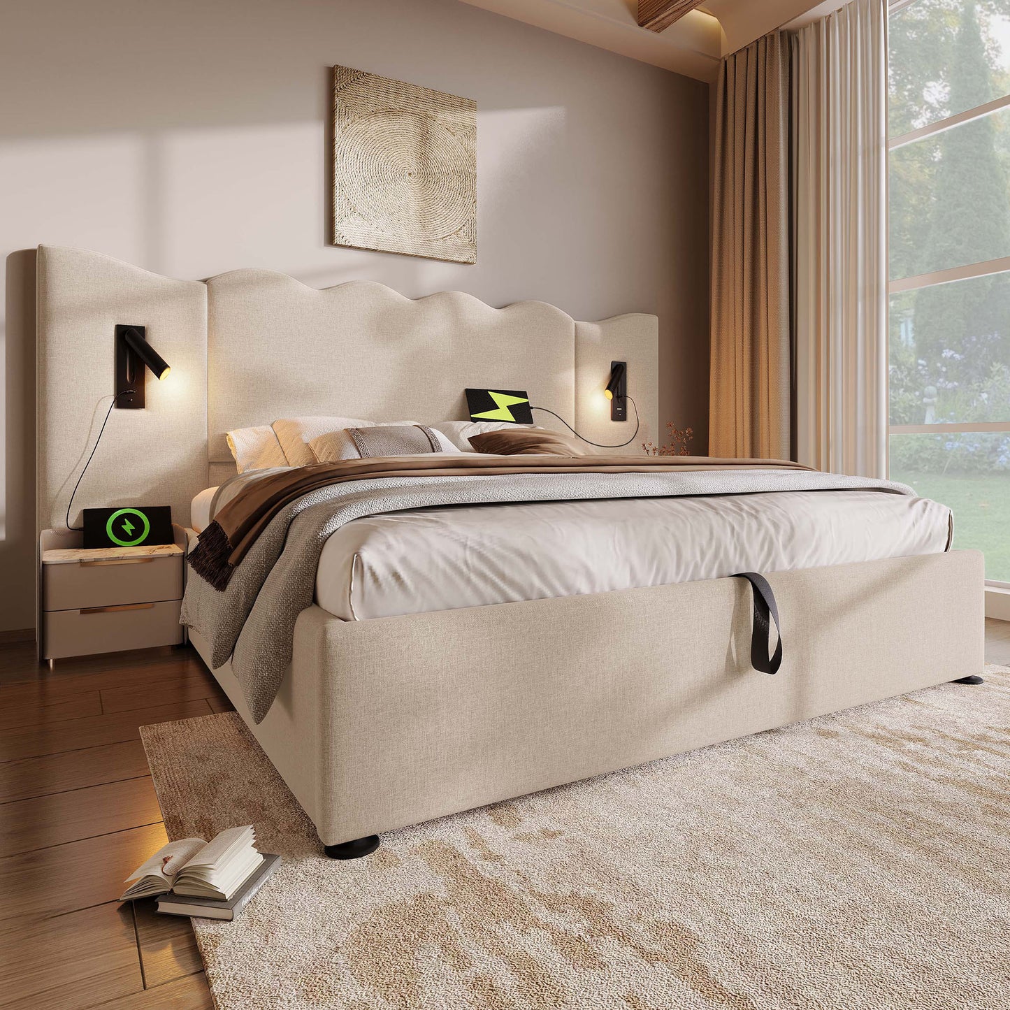 (=AB30748123B)Polsterbett Doppelbett 180×200 mit Leselampe und USB Type-C Ladefunktion, Stauraumbett Bettgestell mit Lattenrost aus Massivholz und Metall, Beige, Leinen (Ohne Matratze)