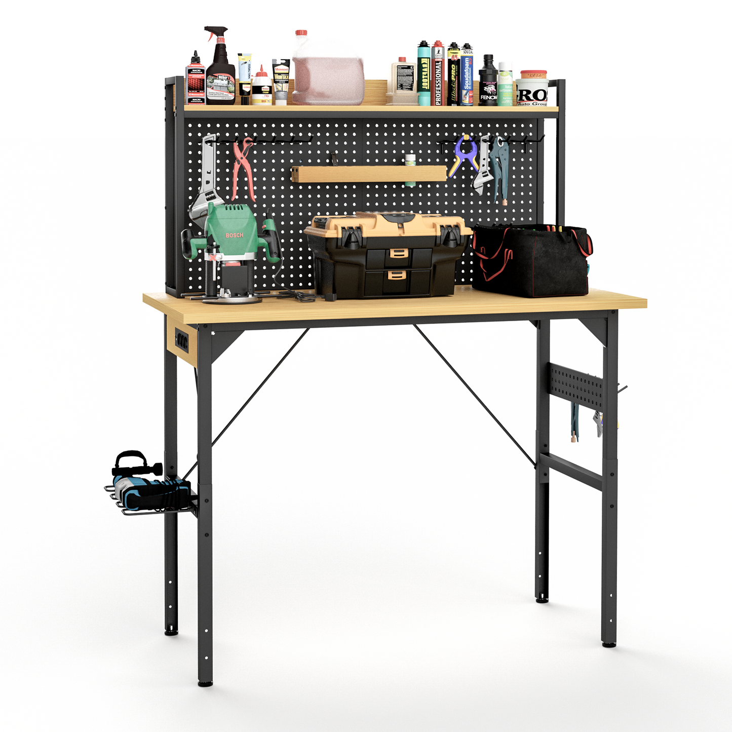 120cm verstellbare Werkbank mit Lochwand, robuste Holz-Werkbank mit Rollen, 700 kg Tragkraft, rollbare Werkbank mit AC/USB-Anschluss, Haken, Ablage, für Garage, Werkstatt, Büro, Zuhause.