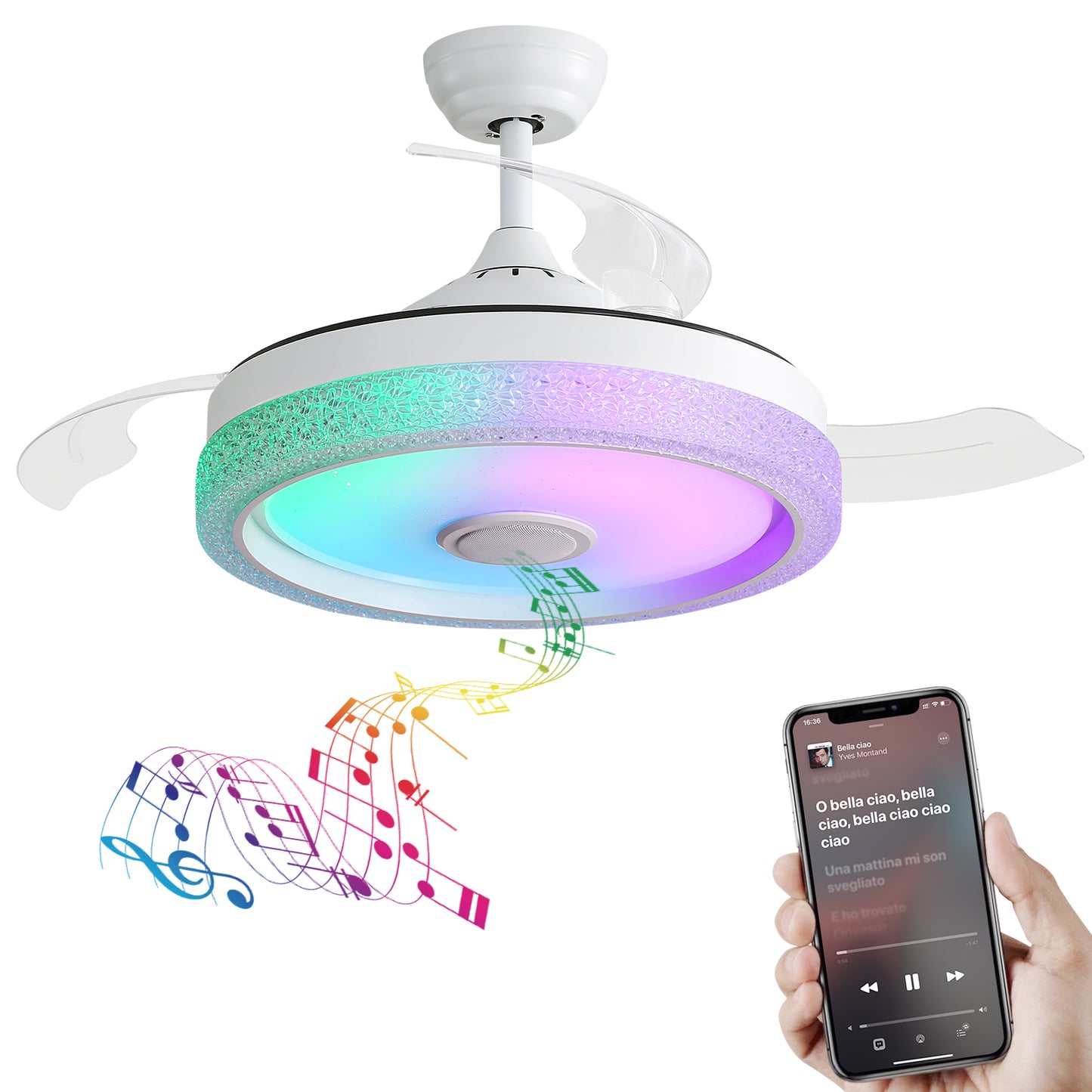 42-Zoll moderner unsichtbarer Deckenventilator, 3 ABS-Flügel, Fernbedienung, reversibler DC-Motor mit 32W LED-Licht