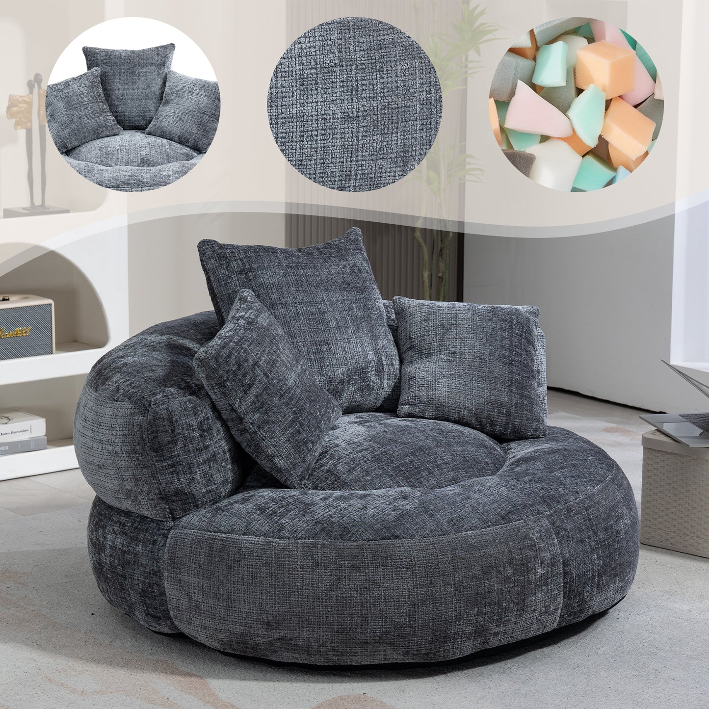 Gigab2b original image - Lazy Sofa Durable Komfort Lounger hohen Rücken Sitzsack Stuhl Couch mit drei Kissen für Erwachsene und Kinder, Indoor & Outdoor, Single Gaming Sofa Stuhl für Schlafzimmer, Büro (Gray Chenille)