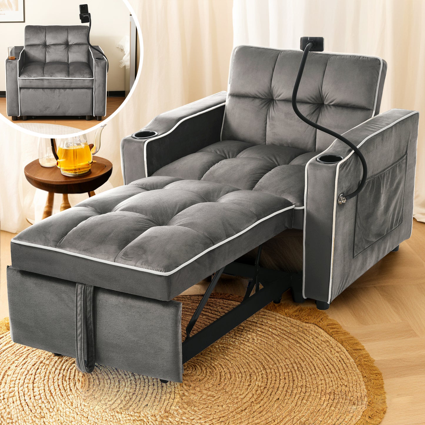 3-in-1 Ausziehbares Einzel-Schlafsofa – Mit Getränkehaltern und Handyhalter, Sofa-Liegestuhl, Schlafstuhl, Sessel, perfekt für kleine Räume,83*167*76cm
