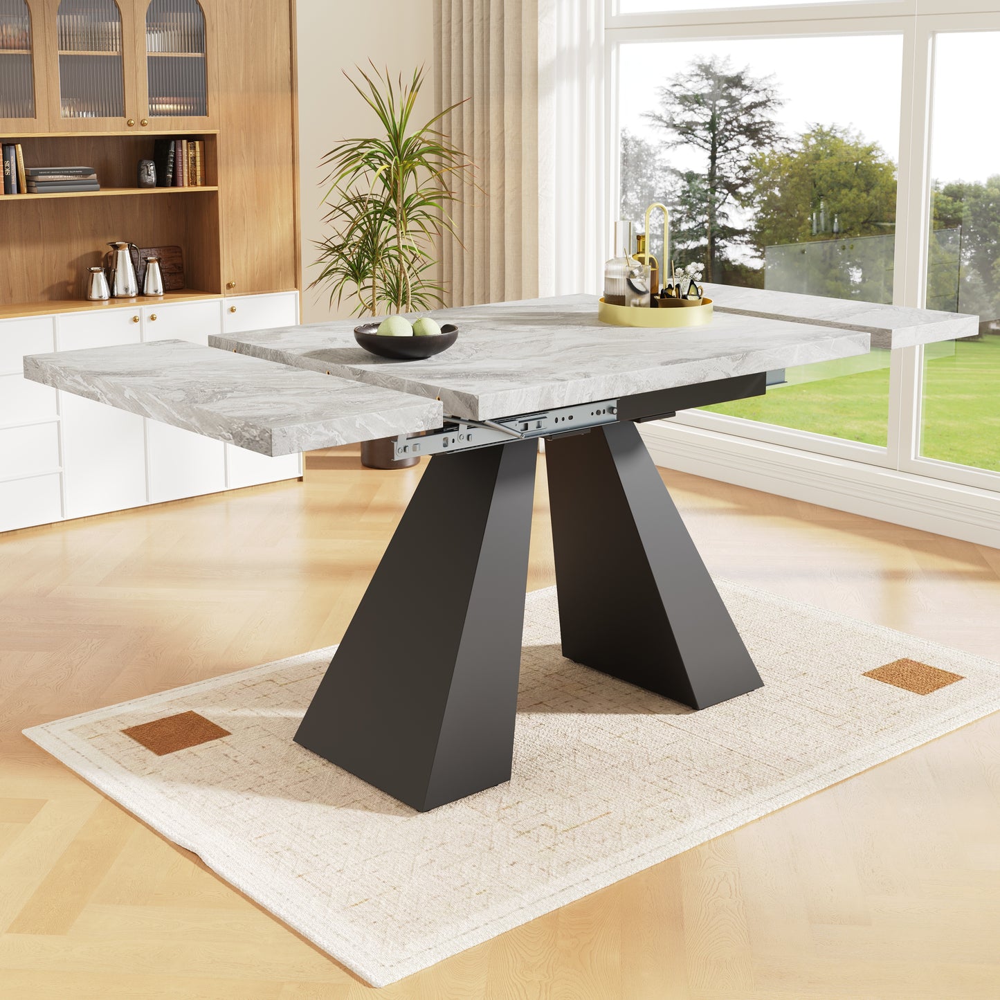 Gigab2b original image - Esstisch Teleskoptisch(99-159×74cm), Ausziehbarer Esstisch, platzsparender Küchentisch,Breite Arbeitsfläche, Flexibles Design, für Homeoffice und Wohnzimmer, Grauer Tischplatte mit Säulenbeinen