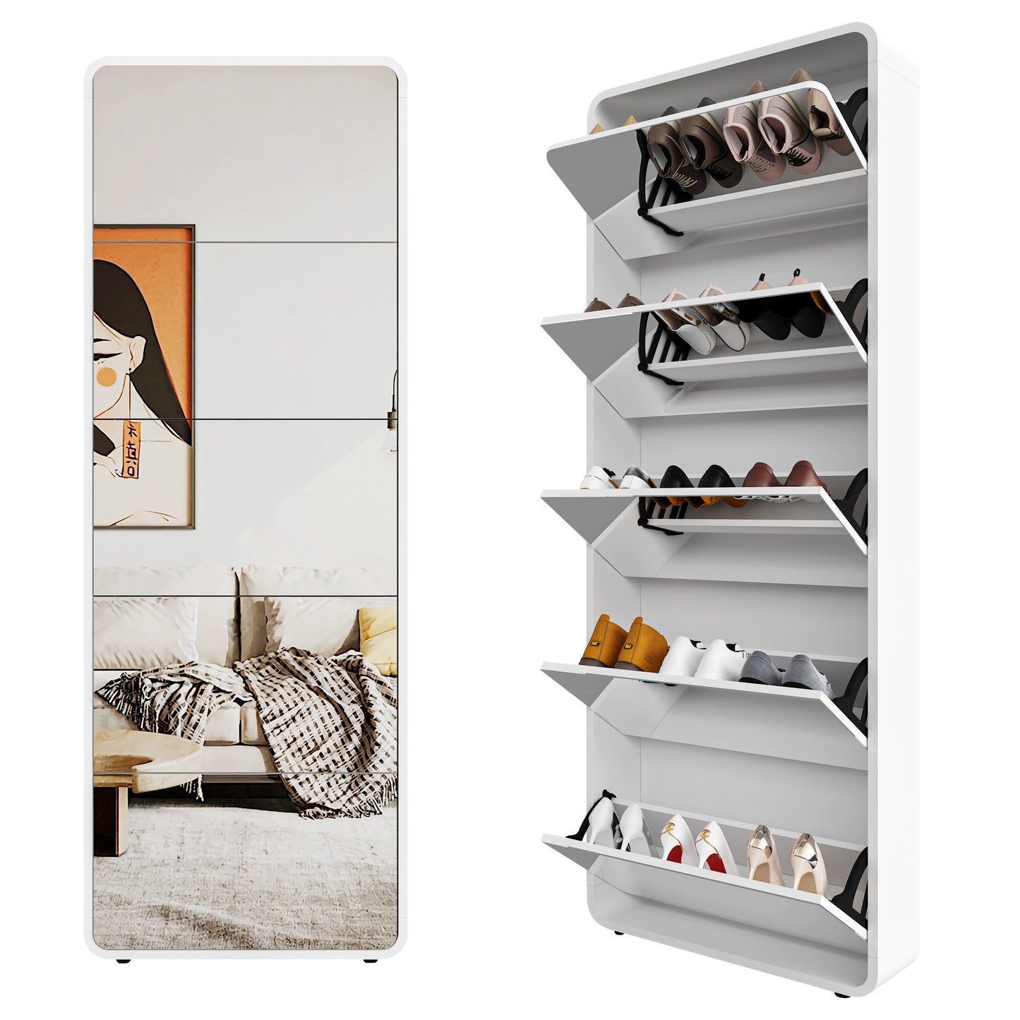 Gigab2b original image - Spiegel-Schuhschrank mit 5 Flip-Schubladen, verspiegelter Schuhschrank mit Bogen-Design, freistehender Kipp-Schuh-Organizer, Eingangsbereich, weiß