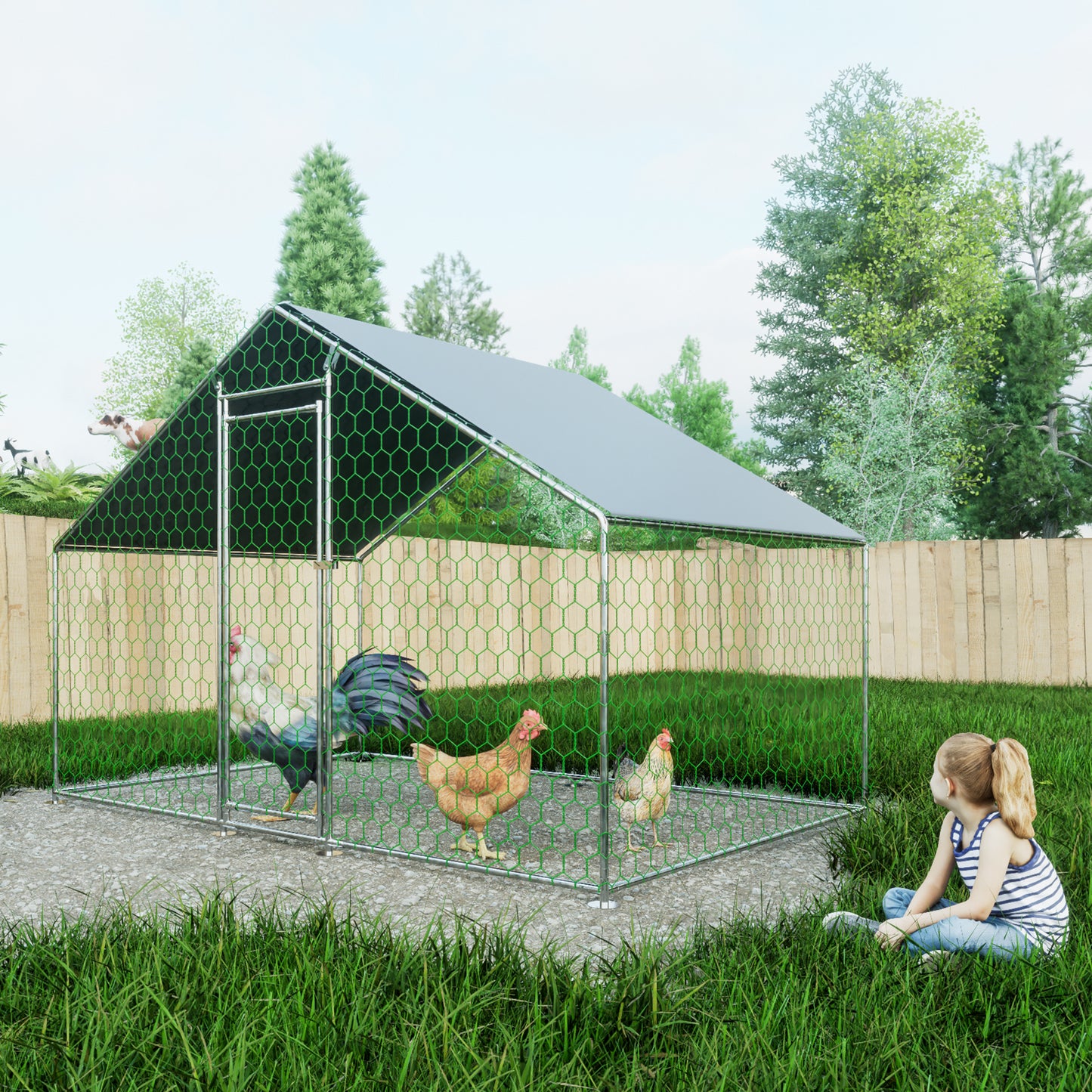 Gigab2b original image - Freilaufgehege Hühnerstall 3x2x2m mit Sicherheitsschloss und Wasserdichtes PE-Tuch, Freilaufgehege aus Metall für Hühner, Kaninchen und weitere Kleintiere