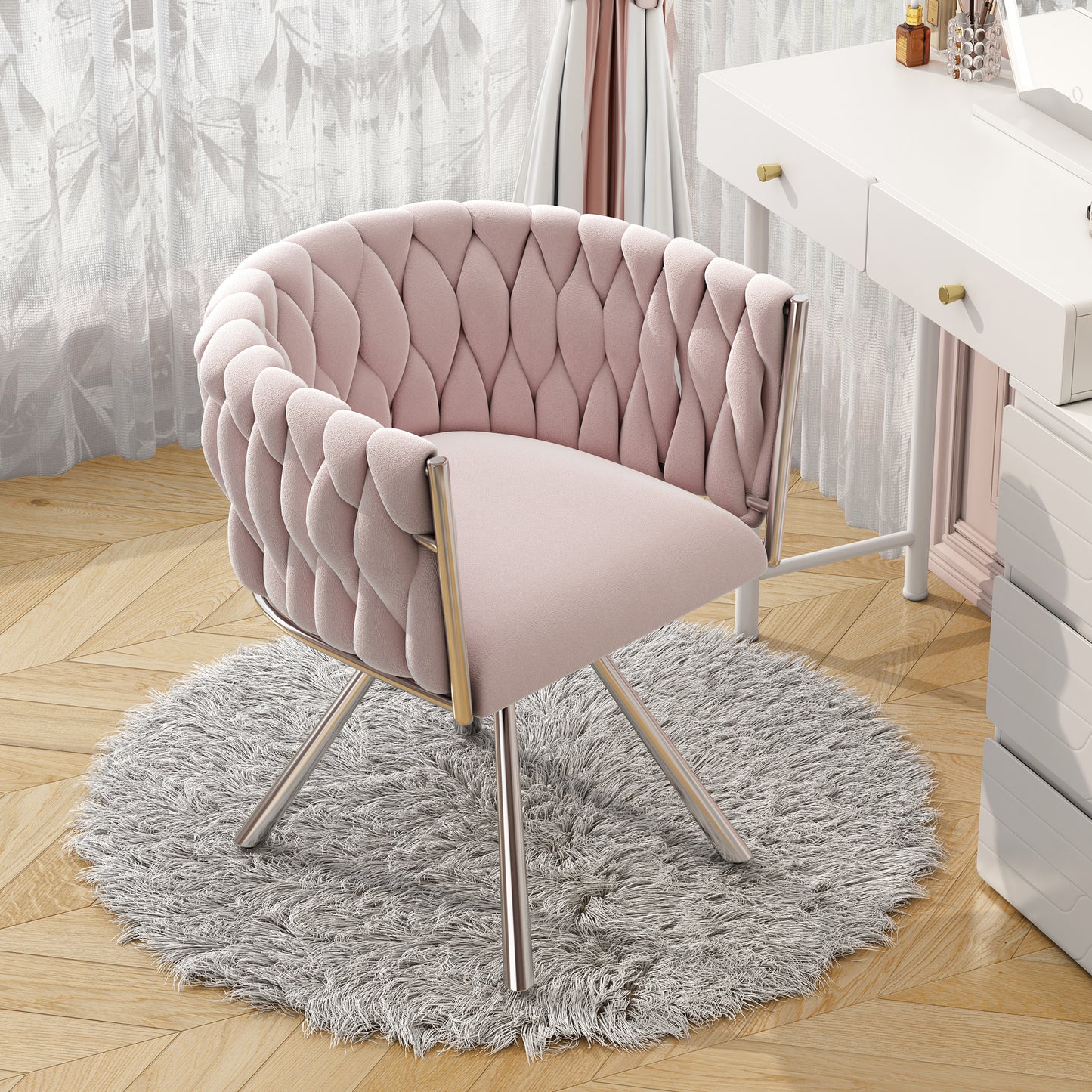 Gigab2b original image - Samt-Schminkstuhl, 1St, einzelner luxuriöser Schlafzimmer-Drehstuhl, Freizeit-Drehstuhl, vier Stützbeine aus Metall, rosa
