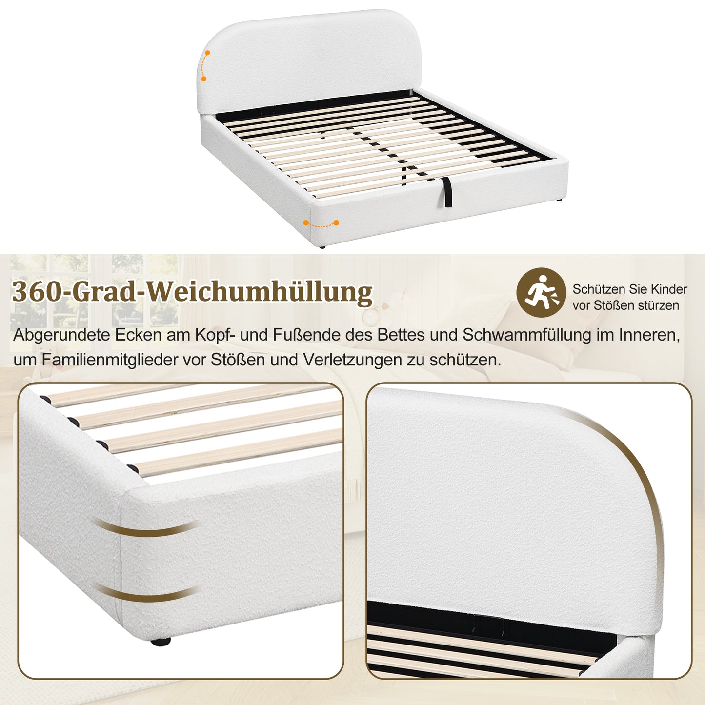 Polsterbett,Doppelbett,180 x 200cm, hydraulisches Funktionsbett,Bett mit Lattenrost, Kopfteil und großem Stauraum, gepolstertes Kopfteil, Inklusive Matratze, Beige Bouclé