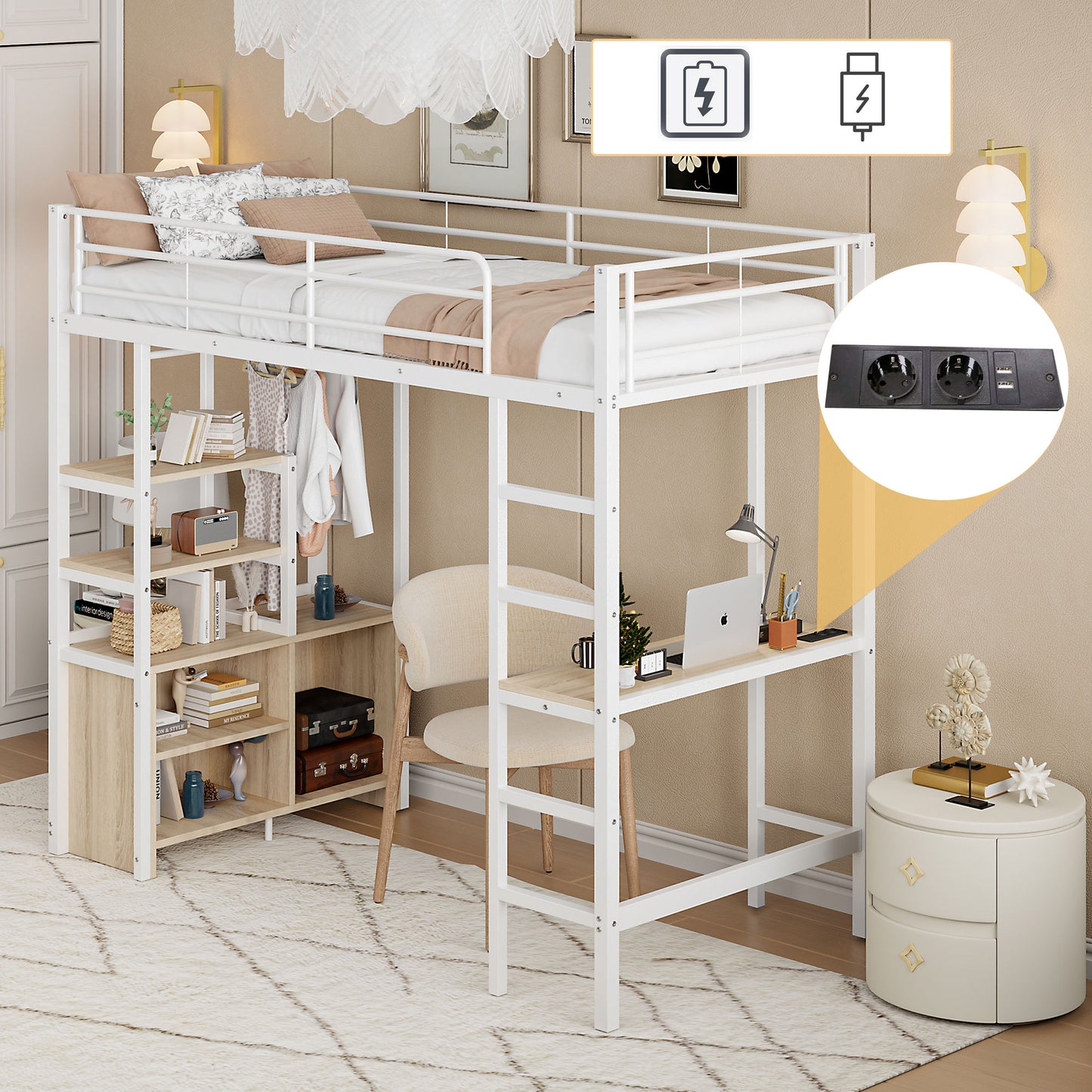 Gigab2b original image - Hochbett, 90*200cm , Ohne Matratze, Bett mit Schreibtisch, Mit Steckdose und USB, Mehrere Regale, Offener Lagerschrank, Geländer, Leiter, Eisenrahmen, Weiß