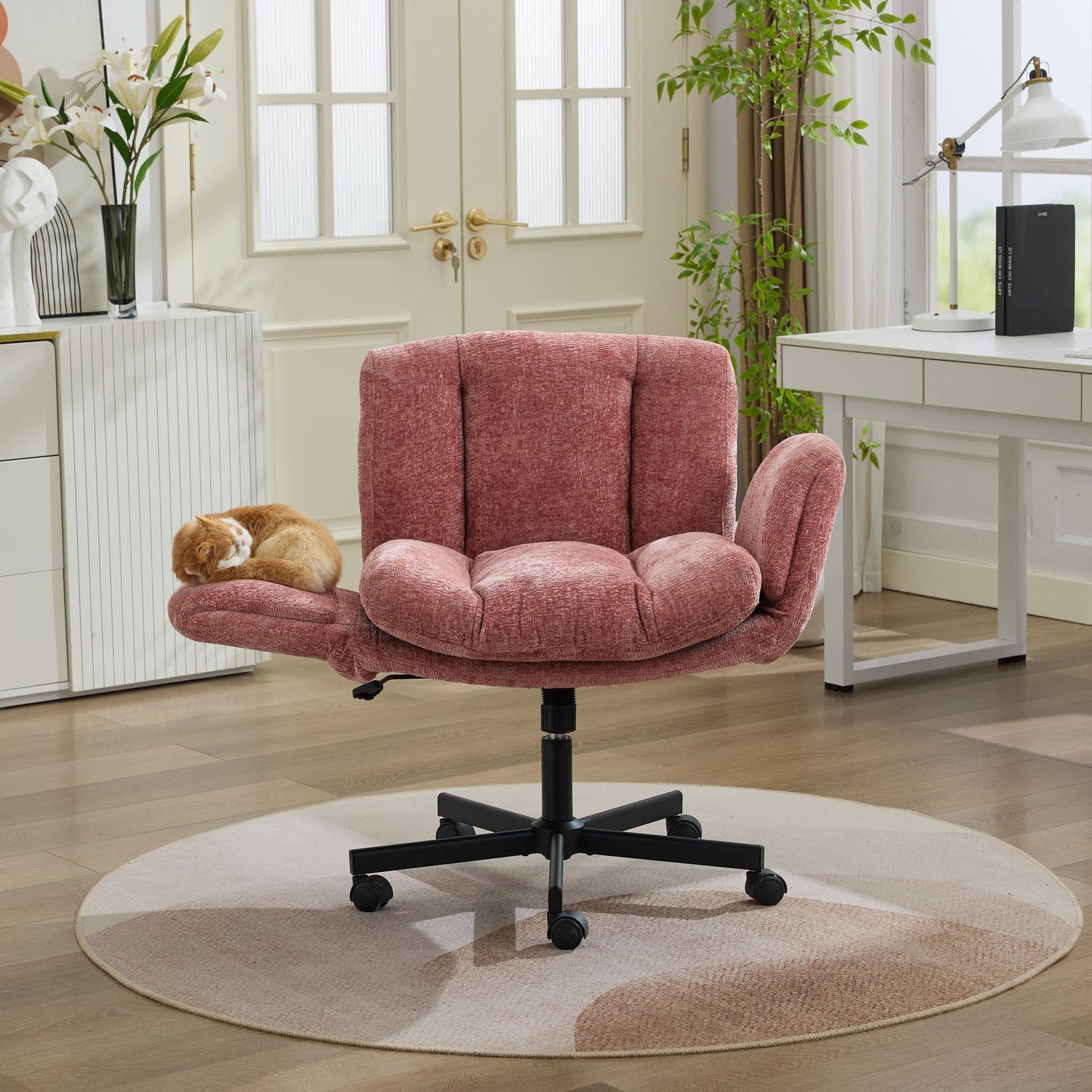 Gigab2b original image - Modern Chenille Swivel Office Chair, Height Adjustable Task Chair with Convertible Multi-Position Armrests, Comfy Double Cushioned Desk Chair for Home, Study,Vanity & Living Room, Blush Pink,DE5028PK