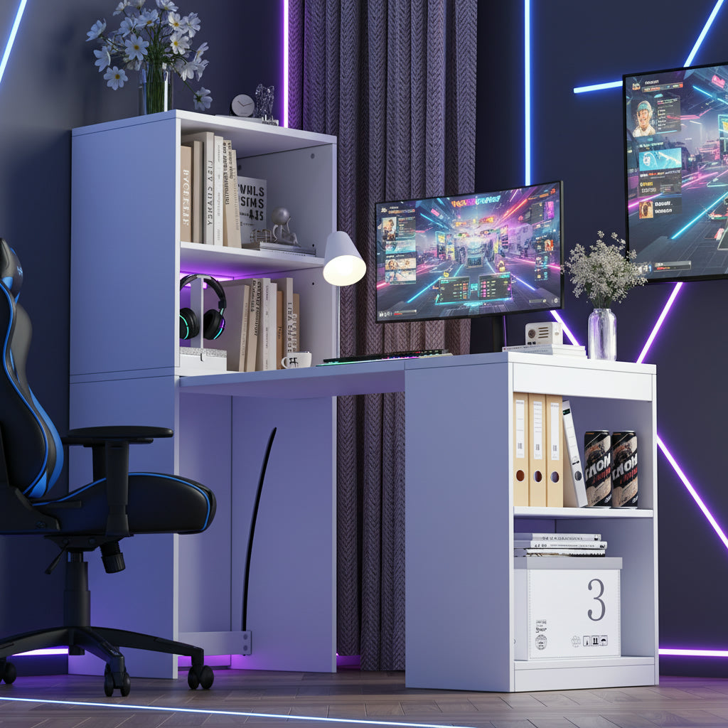 130x51x137cm Multifunktionaler Klapptisch, der Schreibtisch und Schrank in einem Design vereint, vier Staufächer für effiziente Organisation, hohe Belastbarkeit,weiße.