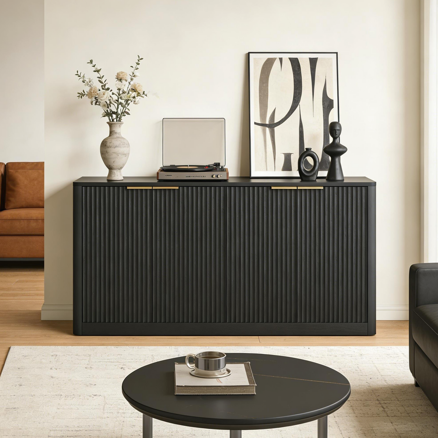 150cm modernes Sideboard mit Wellenform,Aufbewahrungsschrank mit geschwungenem Konturdesign,4-türiger Schrank mit Aufbewahrungsfunktion,geeignet für Küche/Schlafzimmer/Wohnzimmer,Schwarz,150*40*70.5cm