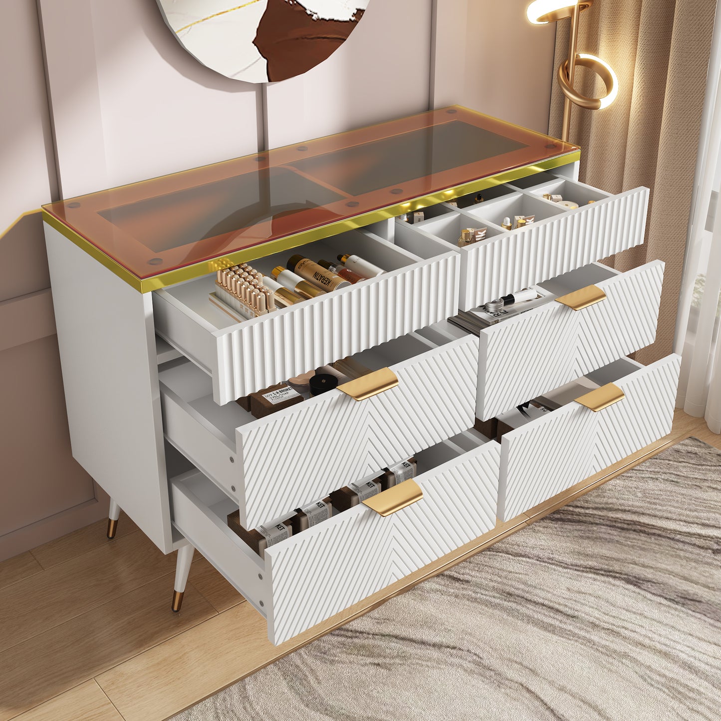 Gigab2b original image - Kommode Sideboard aus Bernstein Glas, Kommode mit 6 Schubladen,Facheinteilung, kippsicher, Hochschrank für Schlafzimmer und alle Wohnräume, 120 x 40 x 76 cm, weiß