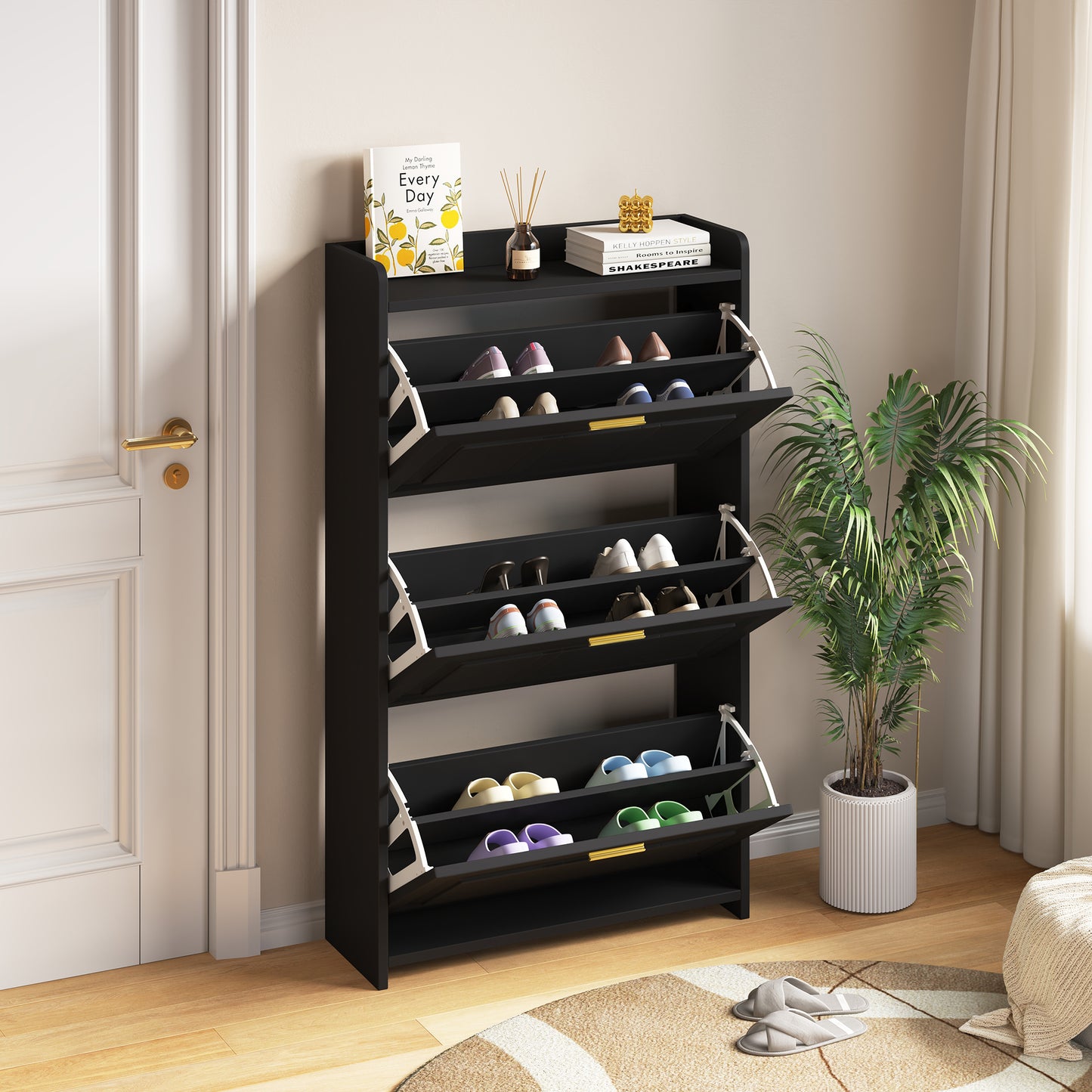 70*24*120cm Schuhschrank Schuhregal, mit 6 Fächern, Schränke Schuhschränke Schuhhochschränke,Kann in Fluren, Türen, Wohnzimmern und Büros aufgestellt werden,MDF+Spanplatte, Schwarz