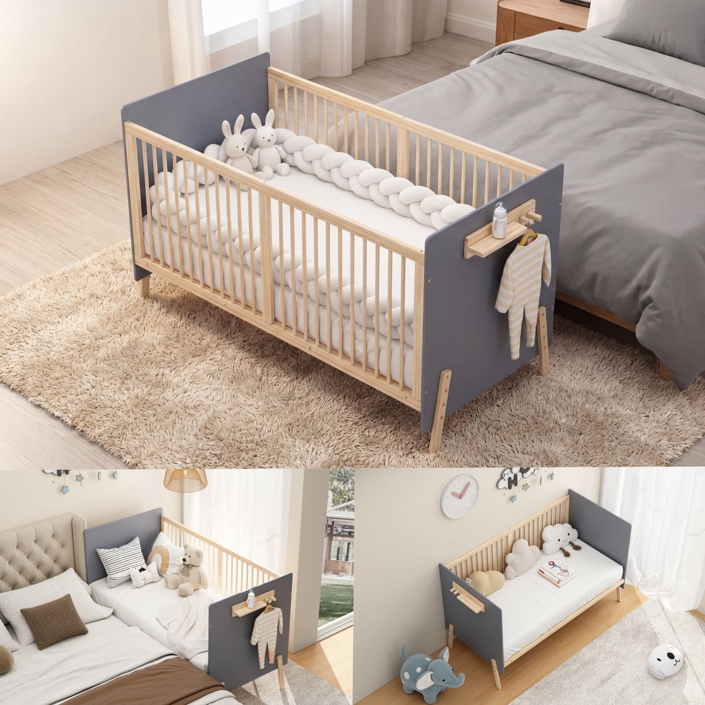 Gigab2b original image - Massivholz Babybett, Verstellbares Kinderbett mit Drei-stufiger Höhenverstellung, Umweltfreundliche Lackierung, Als Anschlussbett/Sofabett nutzbar, Ohne Matratze, Blaugrau + Naturholzfarbe,140*70*86cm