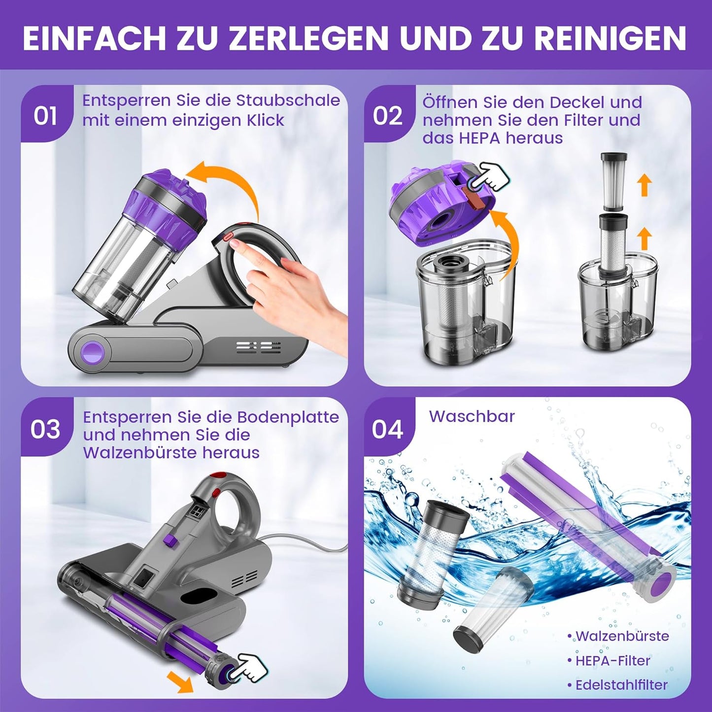 M1 Purple Dzaki Milbensauger, Milbenstaubsauger mit UV-Licht & Heißluft fur Matratzen