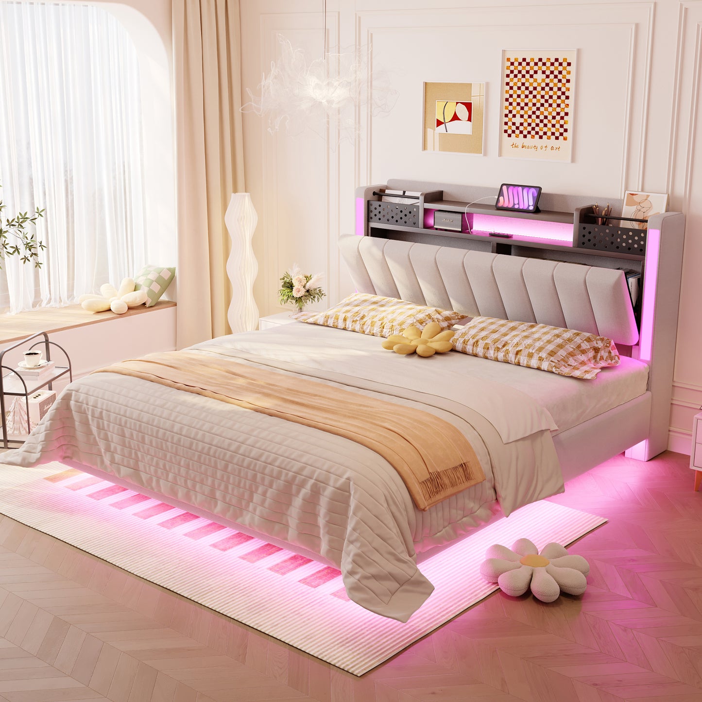 Gigab2b original image - Polsterbett 140*200 mit LED-Beleuchtung und USB-Steckdose, Kopfteil mit Stauraum, Schwebebett Jugendbett Erwachsenenbett, Leinenstoff, Beige