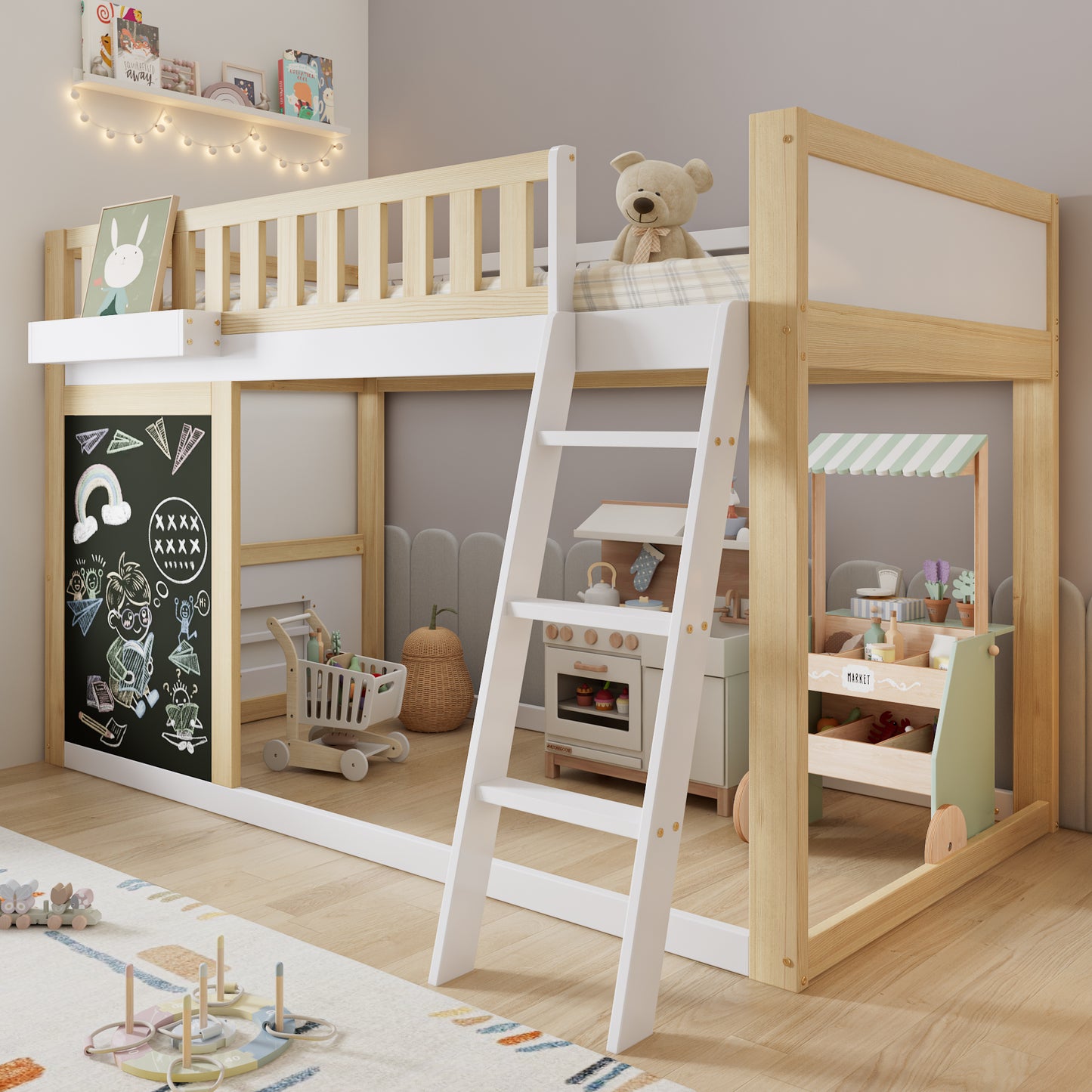 Gigab2b original image - Hochbett, Kinderbett, Mit einer kleinen Tafel zum Bemalen, Mit Aufbewahrungsbox, Sicherheitsgeländer, Individuell anpassbarer Stauraum unter dem Bett, Kiefer + MDF , Weiß+Natur, 90x200cm