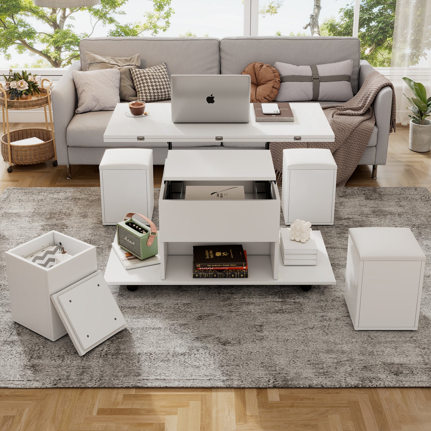 (product change)Anhebbarer multifunktionaler Couchtisch – der Desktop kann 2 Tische öffnen, weiß + weiß, große Kapazität, moderne Wohnzimmermöbel, Büro, Esstisch, Freizeittisch, Multifunktionstisch