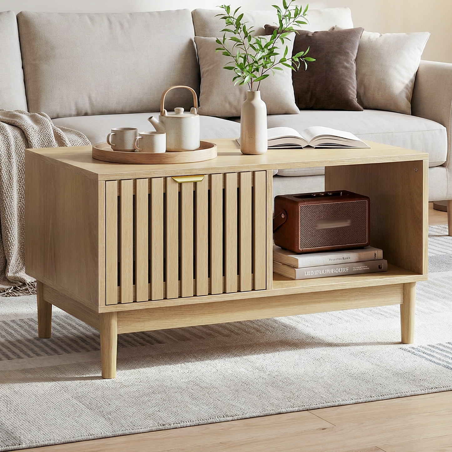 80 cm großer Couchtisch im Mid-Century-Modern-Stil, Wohnzimmer-Mitteltisch mit Gitterstruktur, mit einer Schublade, offenen Regalen und Beinen aus Massivholz, Eichenfarbe.