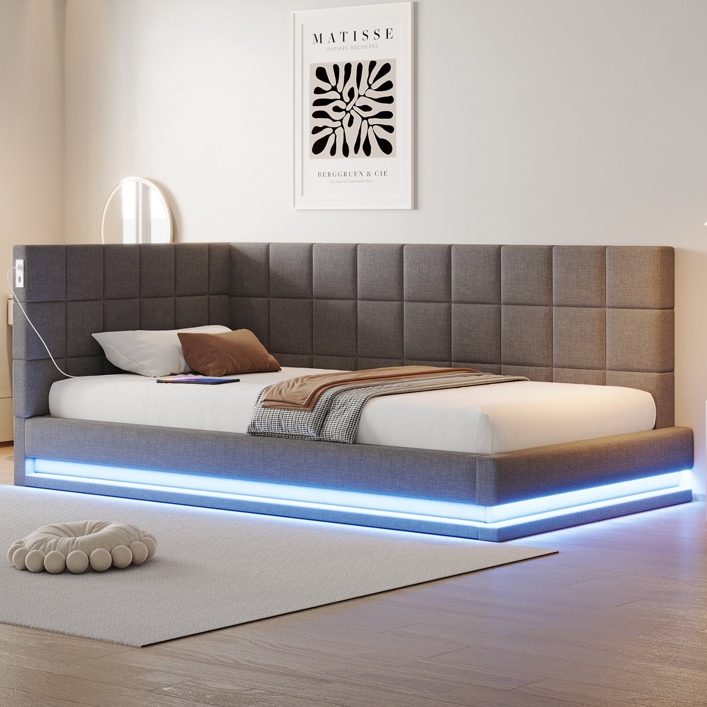 Gigab2b original image - Polsterbett Schlafsofa 90*200 Multifunktionsbettmit LED Lichtleiste, USB Steckdose und Lattenrost, Leinenstoff, Grau