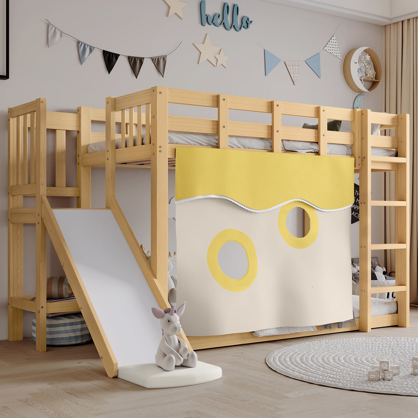 Gigab2b original image - Etagenbett, Holzbett mit Treppe und Zäune, mit Bettvorhang, Rutsche, Kinderbett mit Fallschutz und Gitter, MDF+Kiefer, Natur, 90x200cm