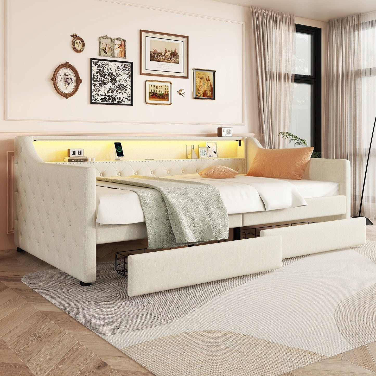 Daybett, 90 x 200cm, Schlafsofa, Tagesbett mit Lattenrost (ohne Matratze), Ambientelicht mit Fernbedienung, Bett mit zwei Schubladen, USB-Ladebuchse, Linen, Beige