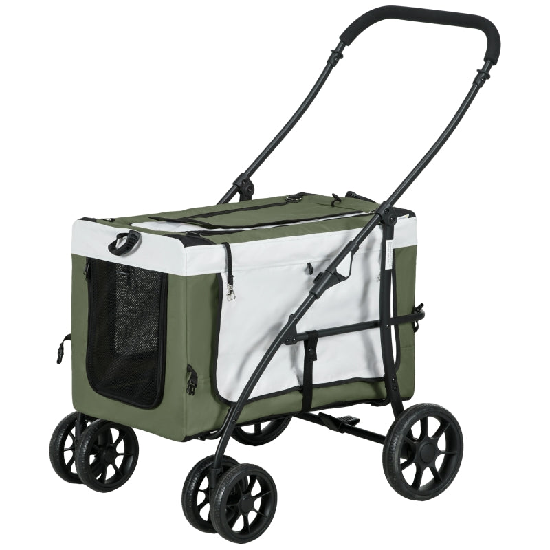 2 in 1 Hundewagen Hundebuggy klappbar für Hunde & Katzen bis 10 kg Katzenbuggy mit Kissen Netzfenstern Türen Aufbewahrungskorb Katzenwagen Buggy Dunkelgrün
