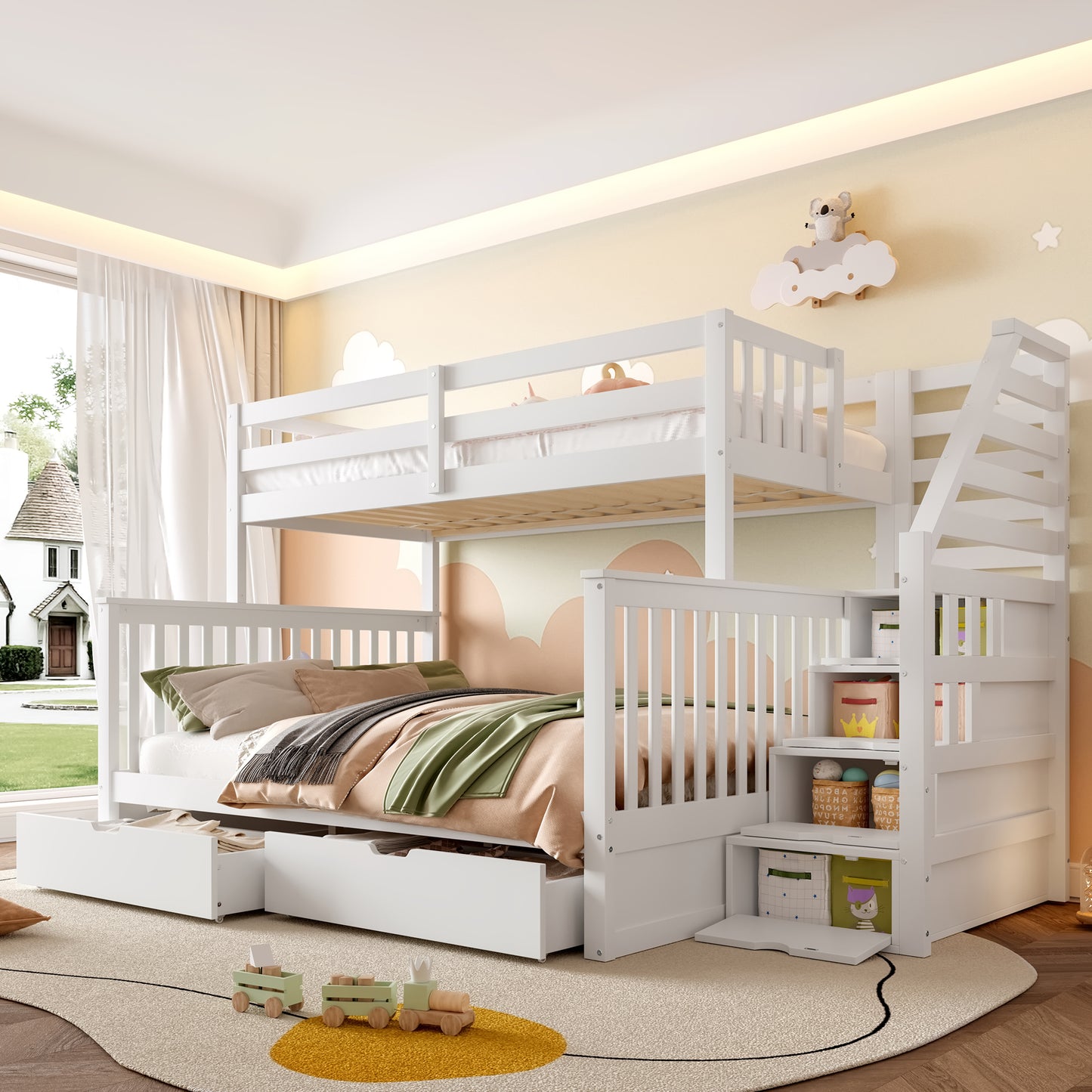 90 x 200 über 140 x 200 Etagenbett mit Schubladen, Stauraum, ohne Matratze, multifunktional, weiß