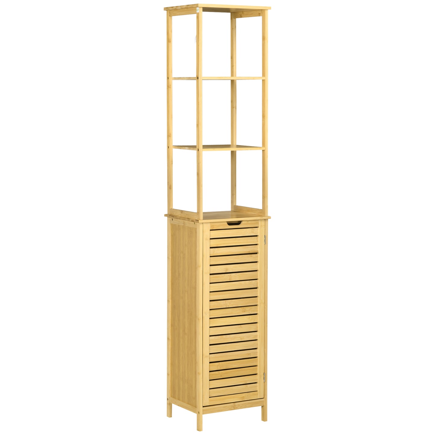 Badschrank Bambus, 34 x 30 x 173 cm, mit 3 offenen Fächer und 1 Schrank, Kippschutz, Grifföffnung, Freistehender, kleine Räume, Natur