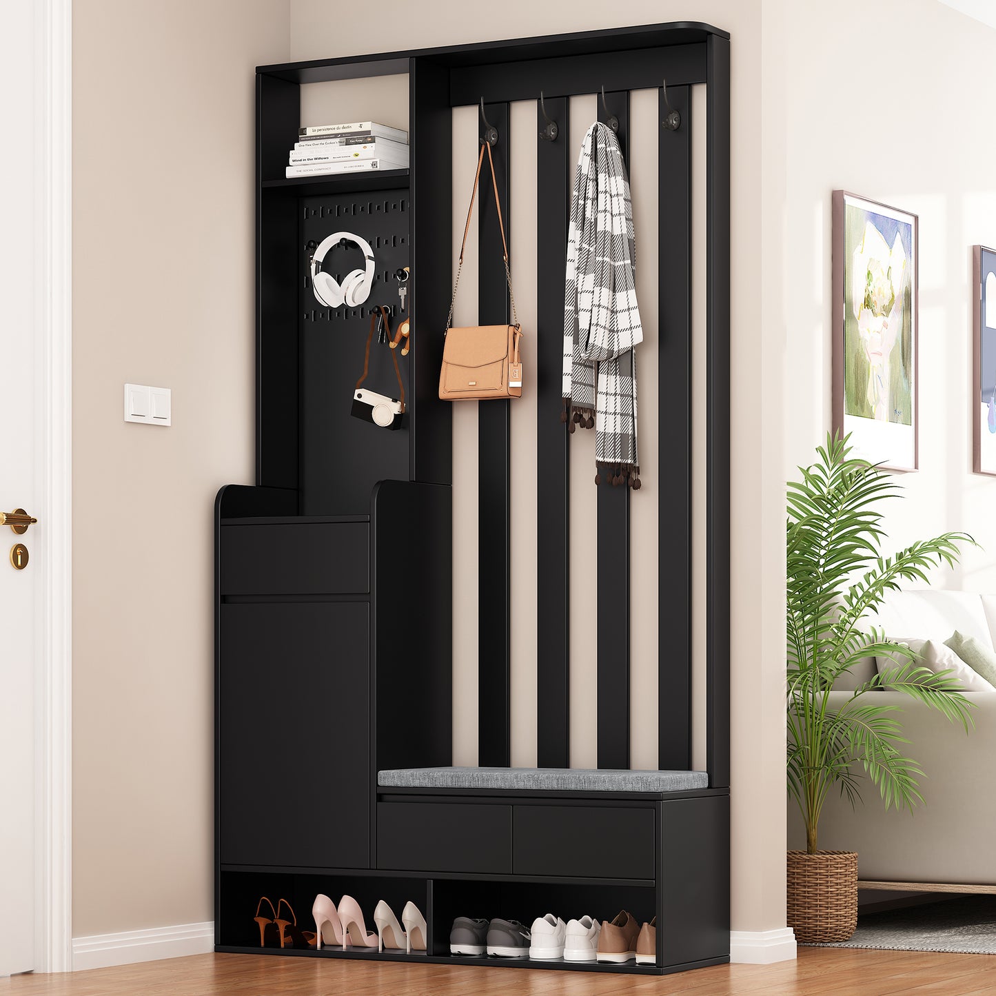 Gigab2b original image - Flurgarderobe mit gepolsterter Aufbewahrungsbank, multifunktionaler Flur-Schuhschrank mit Stecktafel, moderne Garderobe mit 4 Haken für Eingangsbereich, Waschküche, Schwarz,H180/B100/T35 cm