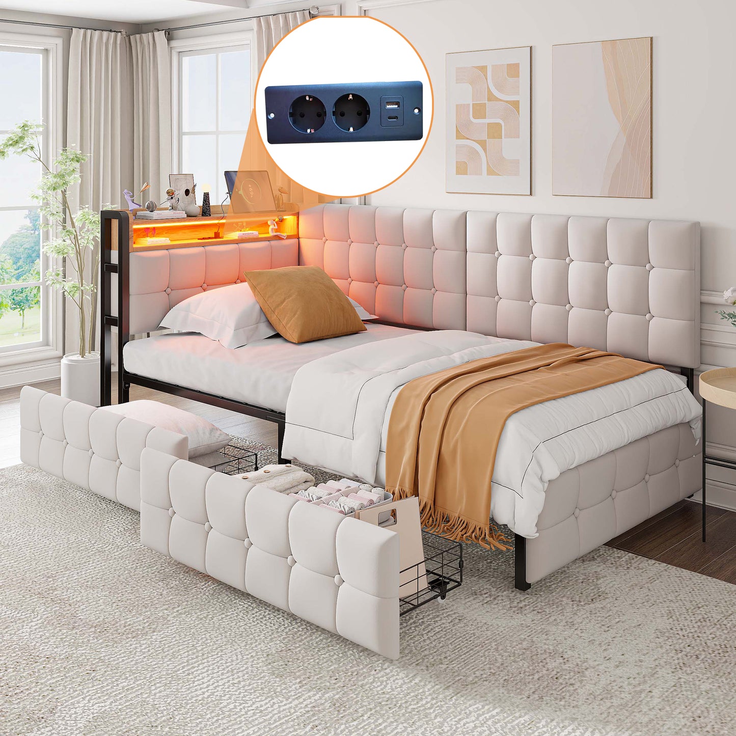 90 X 200 Gepolstertes Schlafsofa, Polsterbett mit 2 Schubladen und LED-Nachttischlampe, USB- und Typ-C-Anschluss, multifunktionales Kinder-Bootsbett, Schlafsofa Einzelbett Beige