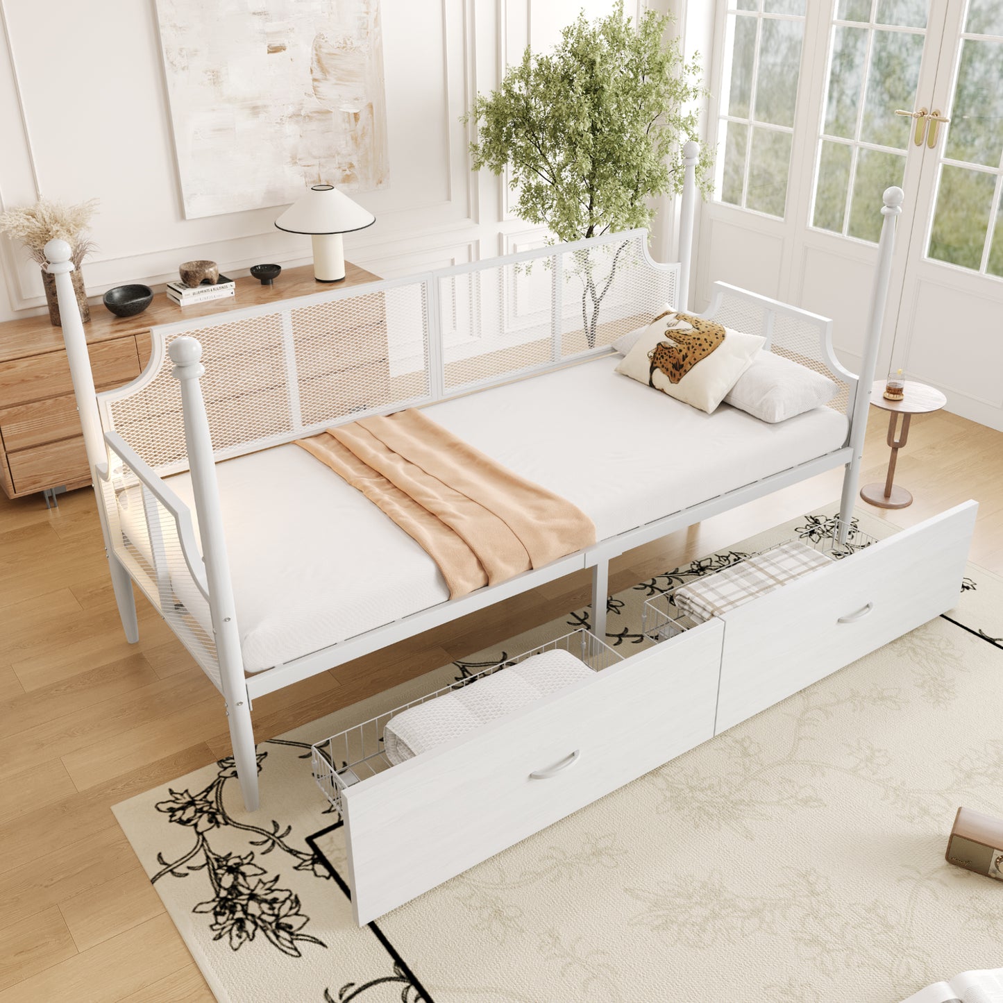 Gigab2b original image - Eisenbettsofa 90*200, Netzrückenlehne und Armlehnen im Vintage-Stil, umgeben von hoher Säulenstütze, Metallrahmen mit Ablagefächern, Eiseneinzelbett, Teenagerbett, Weiß