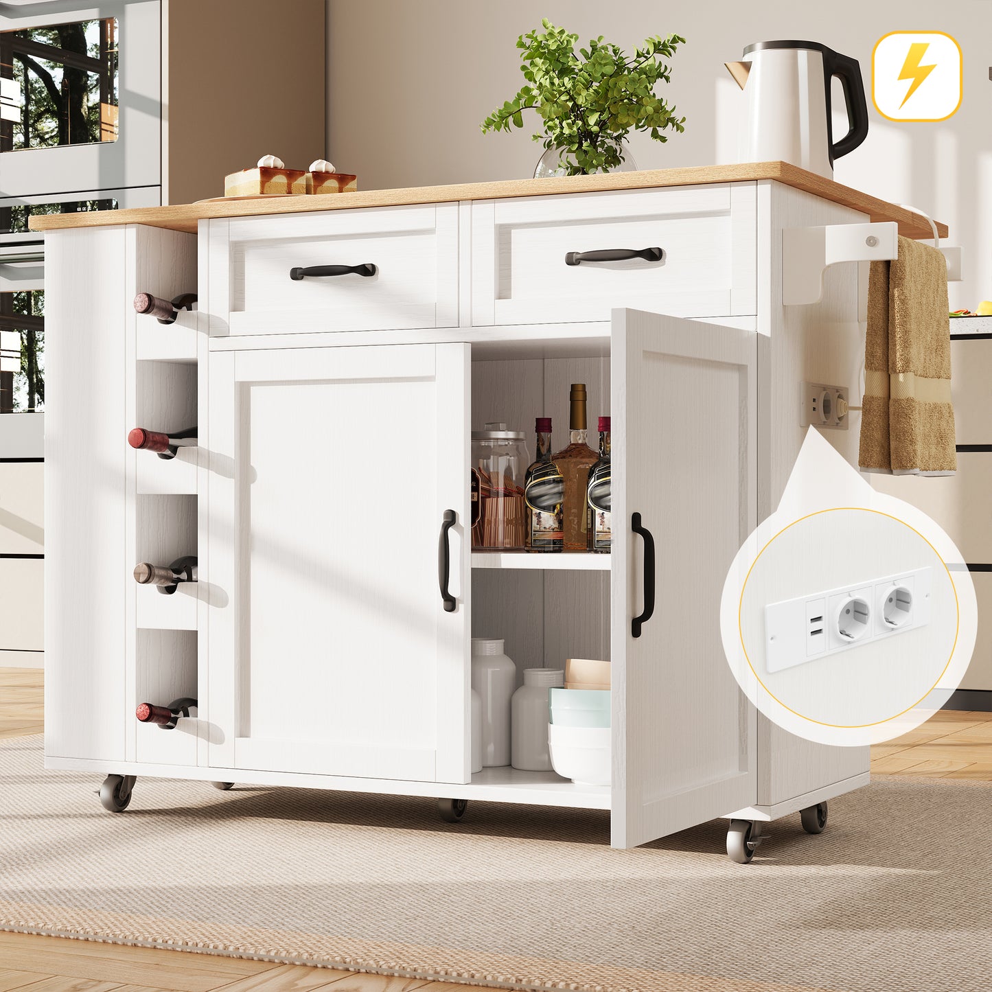 Gigab2b original image - Kücheninsel, Küchenwagen mit Steckdosenleiste ausgestattet, Küchenschrank, Abnehmbare Servierwagen mit Weinregal,buffetschrank, Speisewagen mit Holzmaserung, buffetschrank, weiß