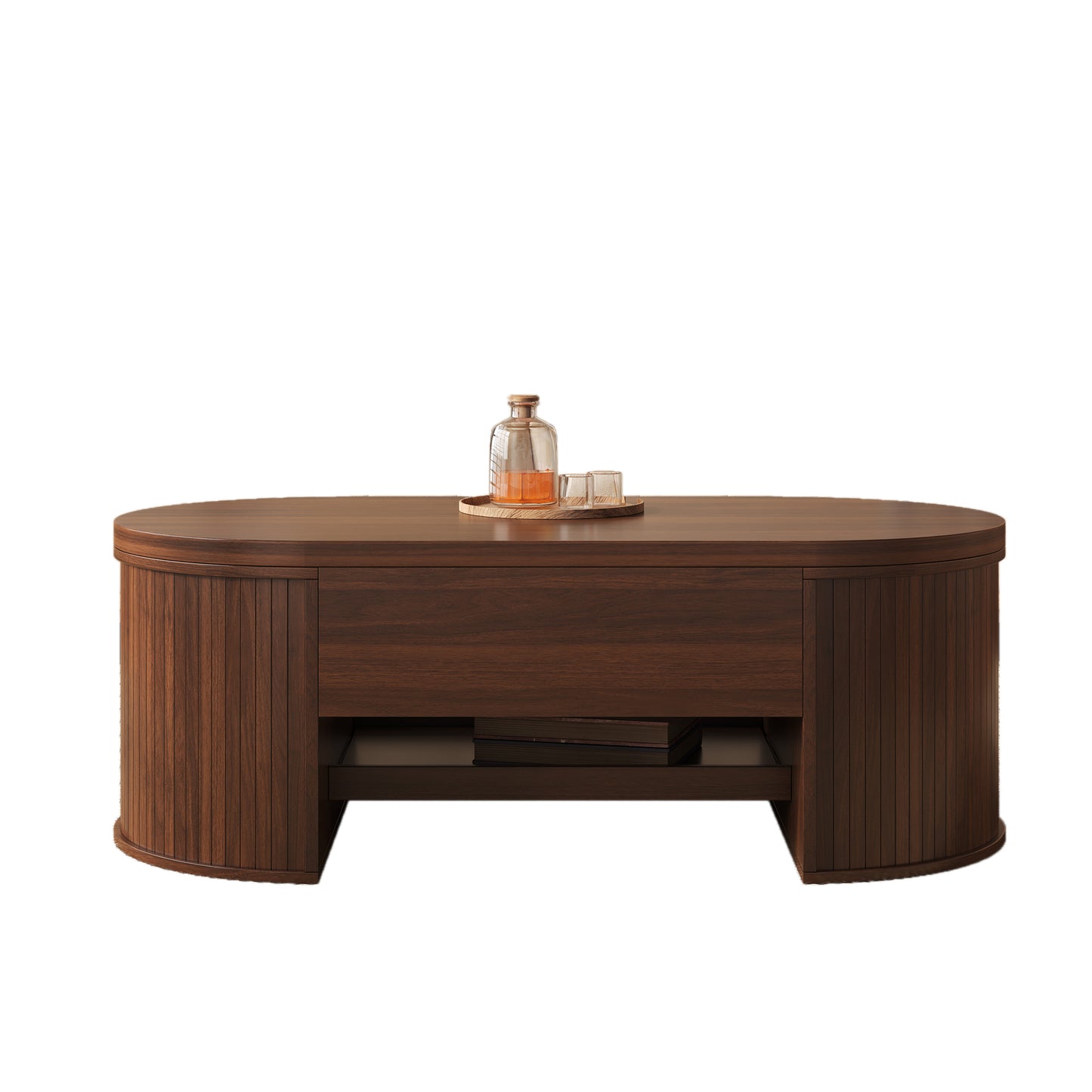 Anhebbarer Couchtisch, Couchtisch mit gebogenen Holzseiten, ausziehbarem Regal, anhebbarer Tischplatte, multifunktionales Wohnzimmermöbel.