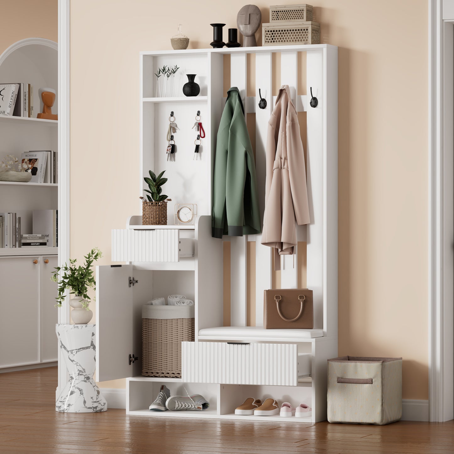 100*30*180cm Garderobenständer 6-in-1, mit 8 Haken, Schuhbank und Ablagen, Kippschutz,Kompaktgarderoben Mit Schubladen und Schränken,100cm breit,Schuhschrank, weiß