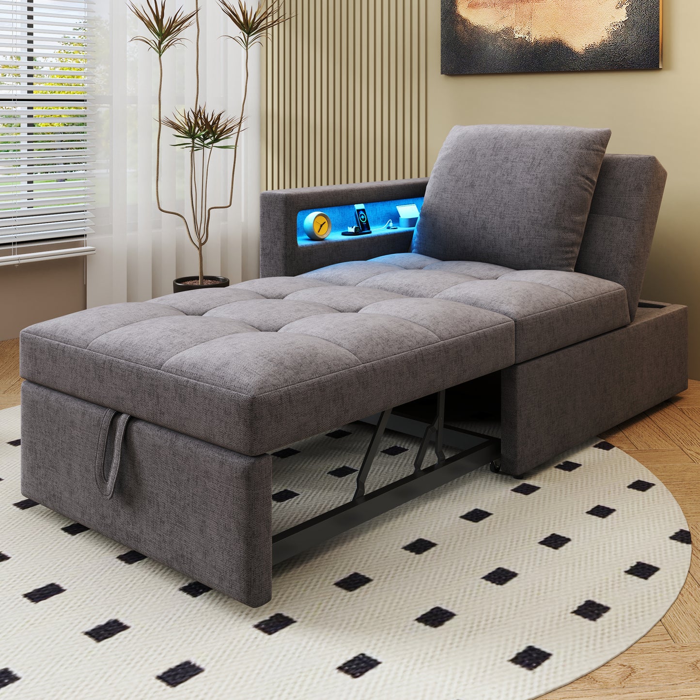 Gigab2b original image - Polsterbett Schlafsofa 3 in 1 Multifunktions-Schlafsofa, Leinenstoffsofa mit verstellbarer Rückenlehne, Die Armlehne verfügt über LED-Lichtleisten und USB-/Typ-C-Anschlüsse,Liegesofa für kleine Räume