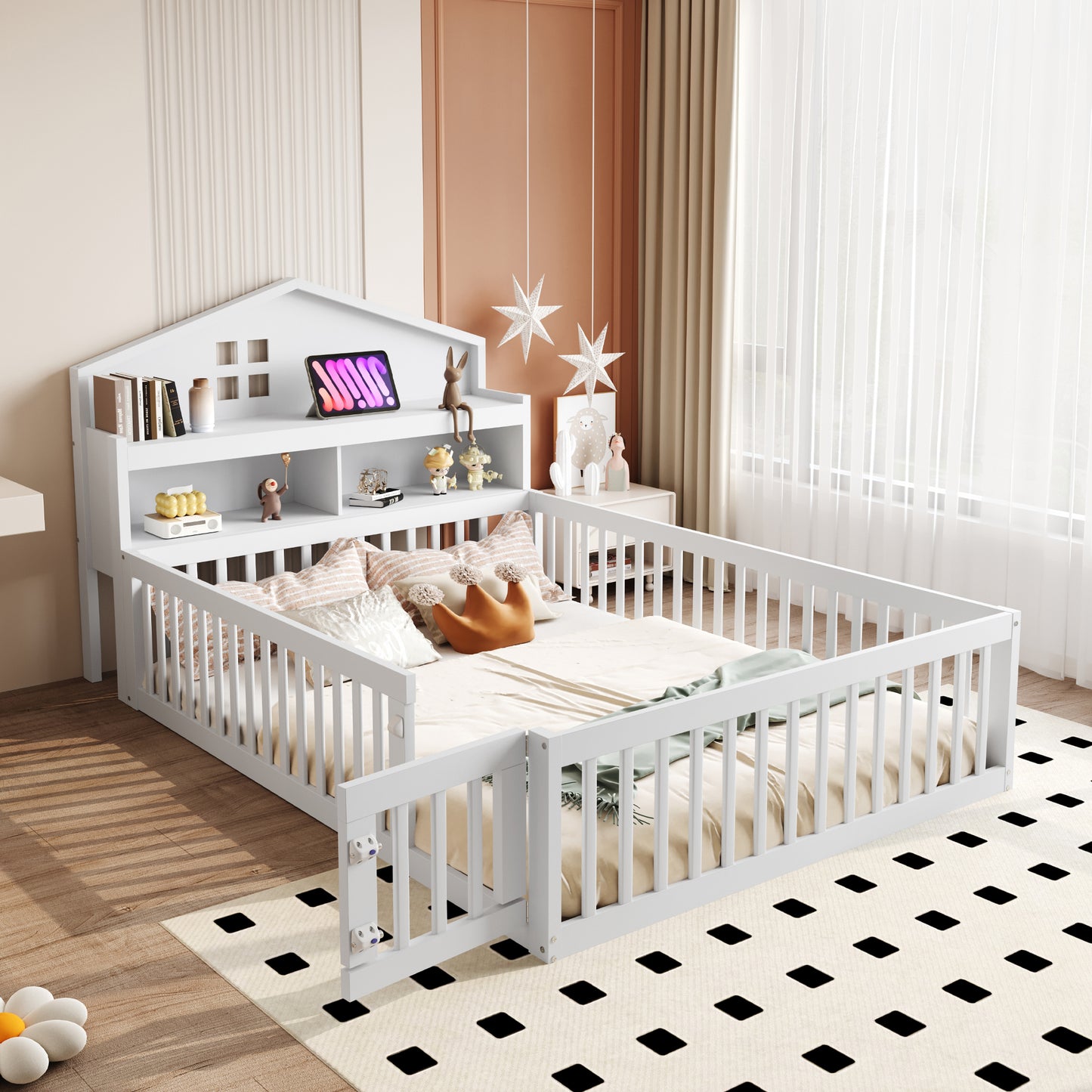 Gigab2b original image - Kinderbett 140 x 200, Massivholz-Kinderbettrahmen, Hausleiste, mit Einlegeböden und Stauraum, mit Schutzgitter und Tür, mit Bilderleiste, mit Lattenrost, Weiß
