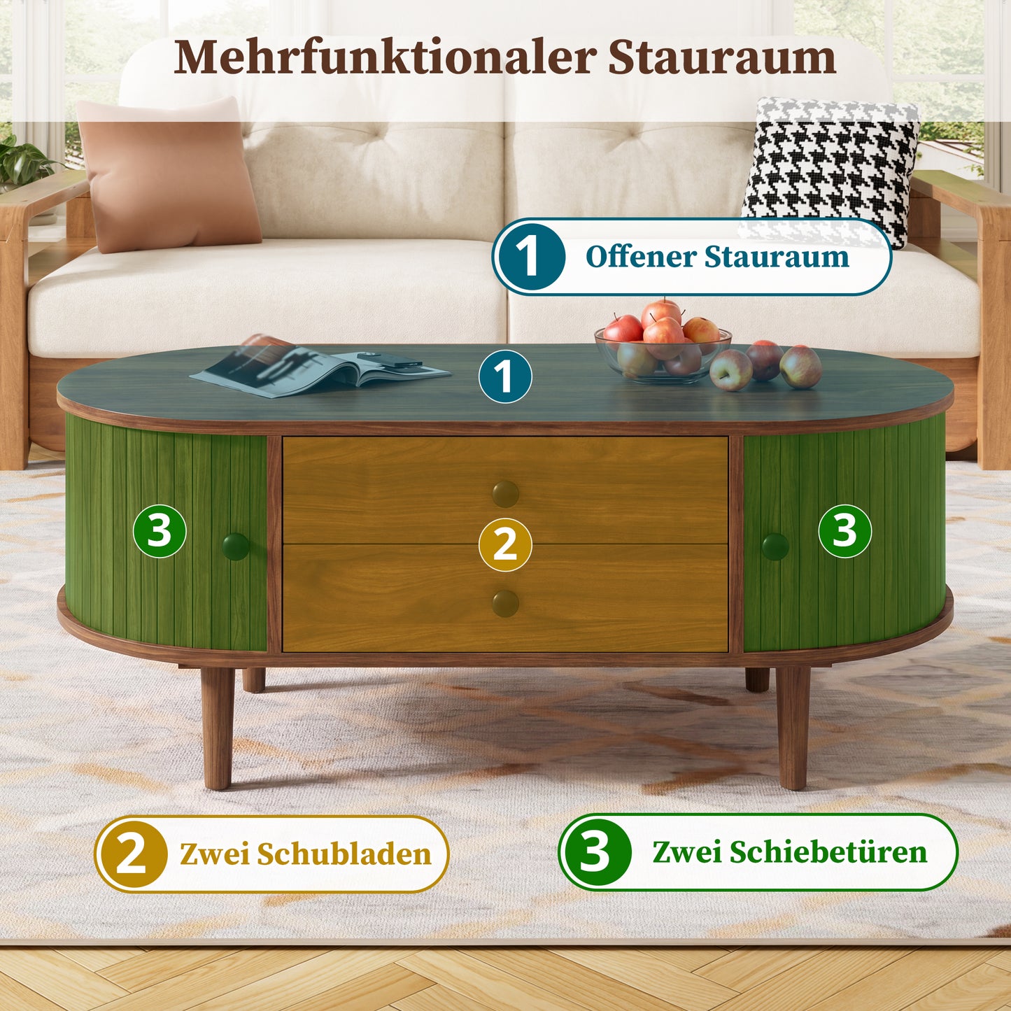 Couchtisch oval vertikale Leisten Schiebetüren 2 Schubladen MDF
