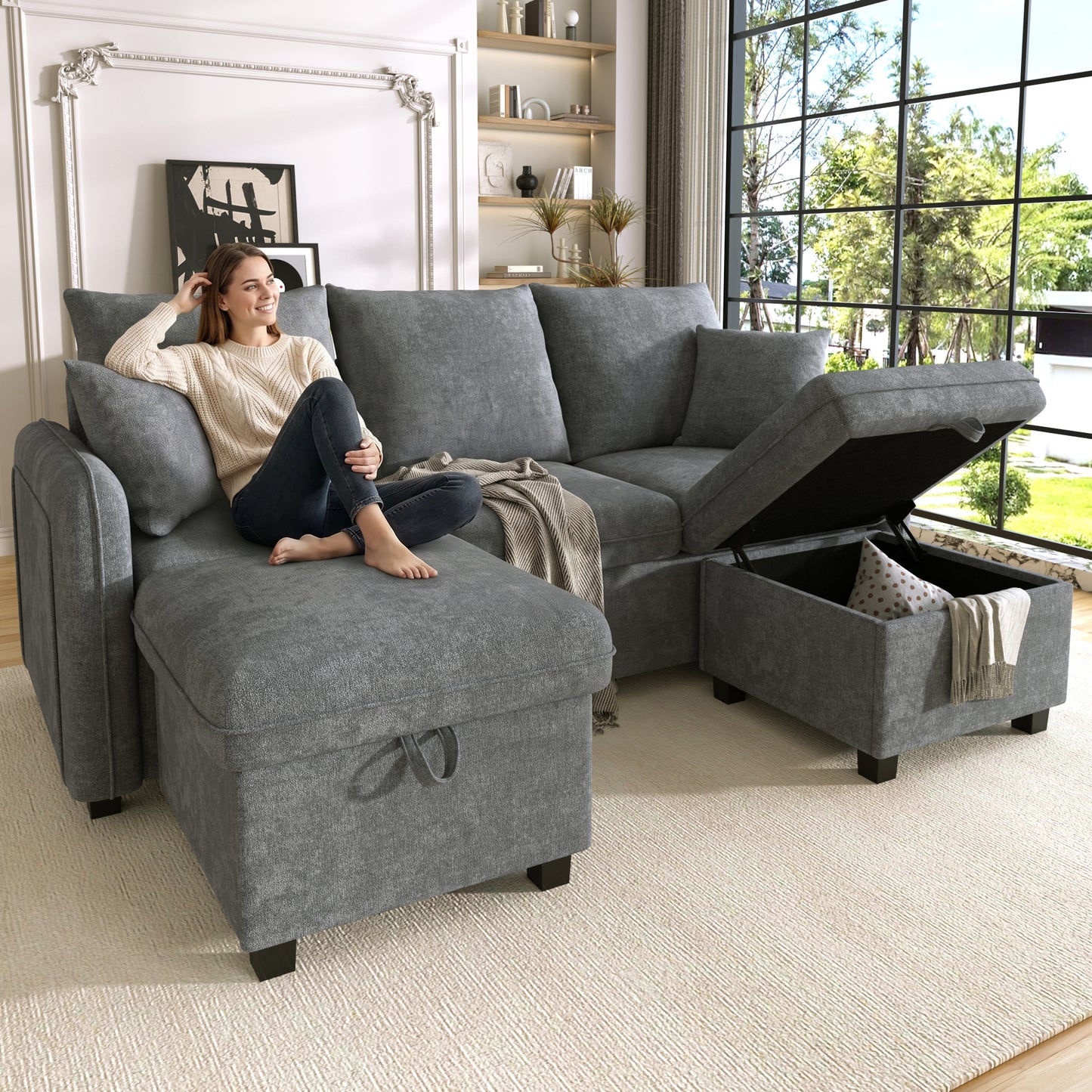 Gigab2b original image - Multifunktionale Ecksofa U-Form-Dreisitzer Polster-Sofa mit Staufunktion – Inklusive Schubladen + Hocker mit Staufach, modular zerlegbares Sofa-Set mit Schlaffunktion, Chenille-Bezug