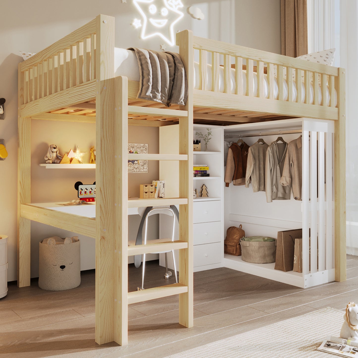 Gigab2b original image - Hochbett, 140*200cm , Schreibtisch, Kleiderschrank, 3 Schubladen, offener Stauraum, Geländer, Treppe, Ohne Matratze, Natur