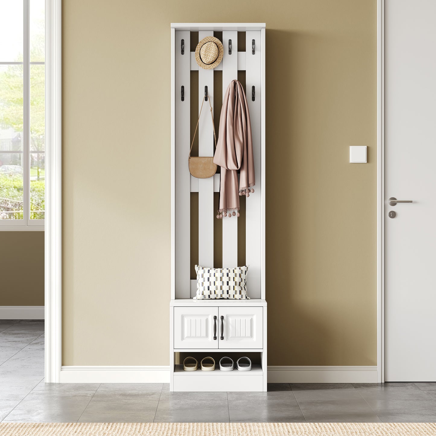 Gigab2b original image - Schuhbank, Schuhschrank,Flurmöbel, mit 2 Türen,, mit Rückwand mit 8 Haken,weiß, B50/D36/H190cm(B×T×H)