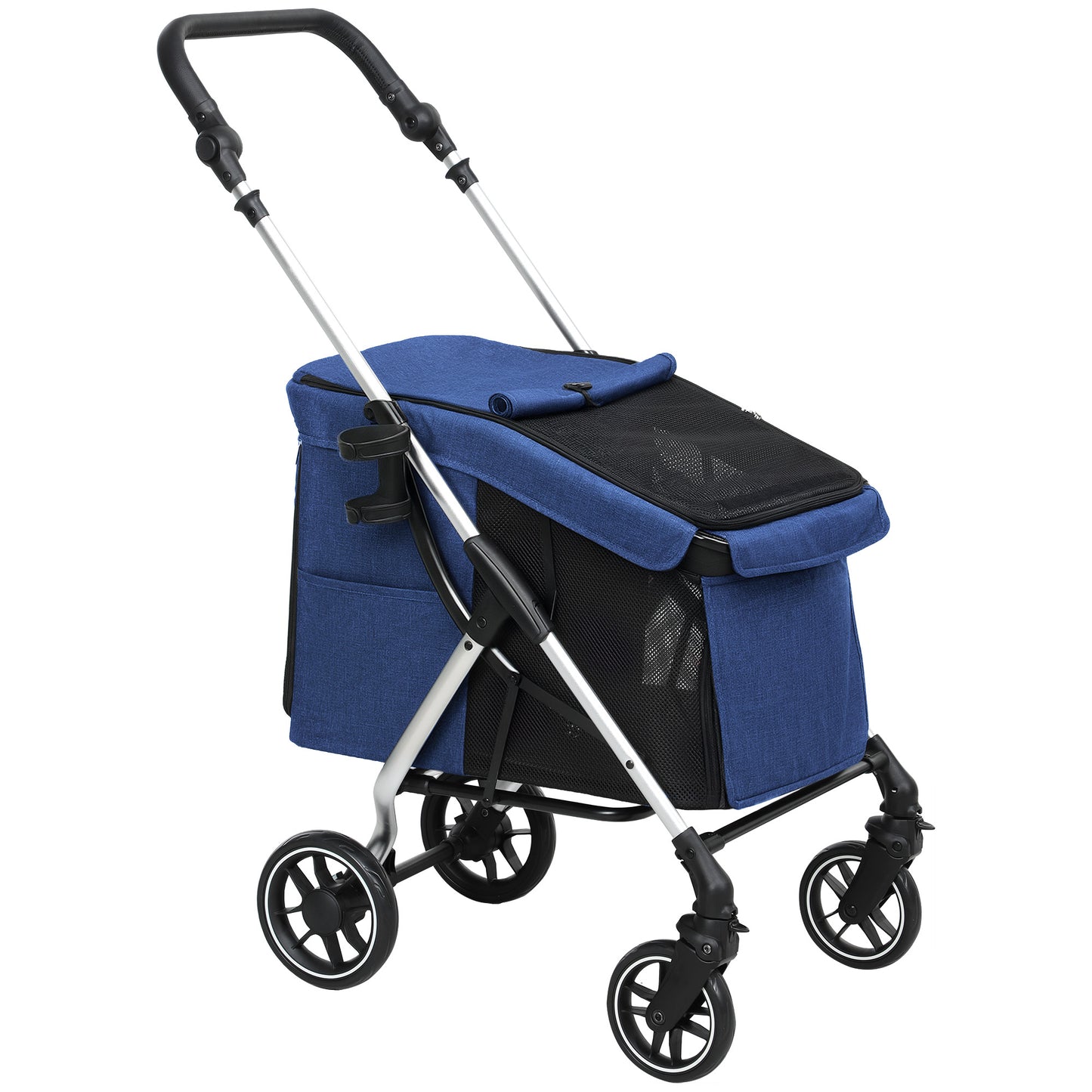 Gigab2b original image - Hundewagen leicht Hundebuggy aus Aluminium klappbar für Hunde & Katzen bis 10 kg Katzenbuggy mit Kissen Netzfenstern Türen Aufbewahrungskorb Katzenwagen Buggy Dunkelblau