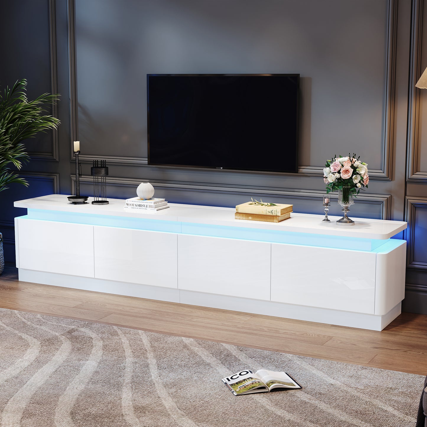 180*34*40cm TV schrank mit 4 schubladen,TV stand und Fernsehschrank Mit LED,Hochglanz Lowboard und Fernsehtisch,TV-Board und TV-Kommode Geeignet für Fernseher um 80 Zoll, Weiß