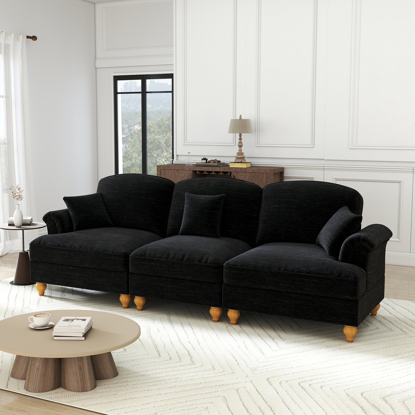 Gigab2b original image - Elegantes Mid-Century 3-Sitzer Sofa aus Chenille mit Trichter-Armlehnen, abnehmbarer Rüschenschürze & spindelförmigen Beinen – Komfortables Sofa fürs Wohnzimmer,Schwarz