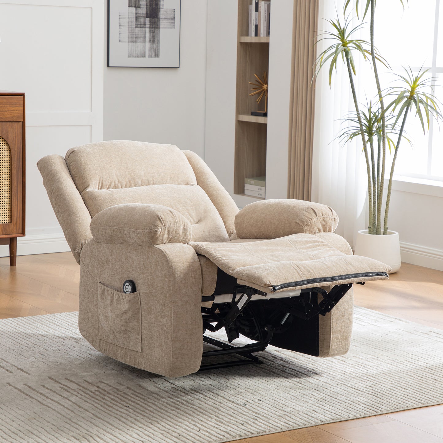 Gigab2b original image - Multifunktionaler elektrischer Relaxsessel mit elektrischer Massage- und Wärmefunktion, manuell verstellbarer Rückenlehne und Fußstütze sowie seitlichen Aufbewahrungstaschen.Light Khaki