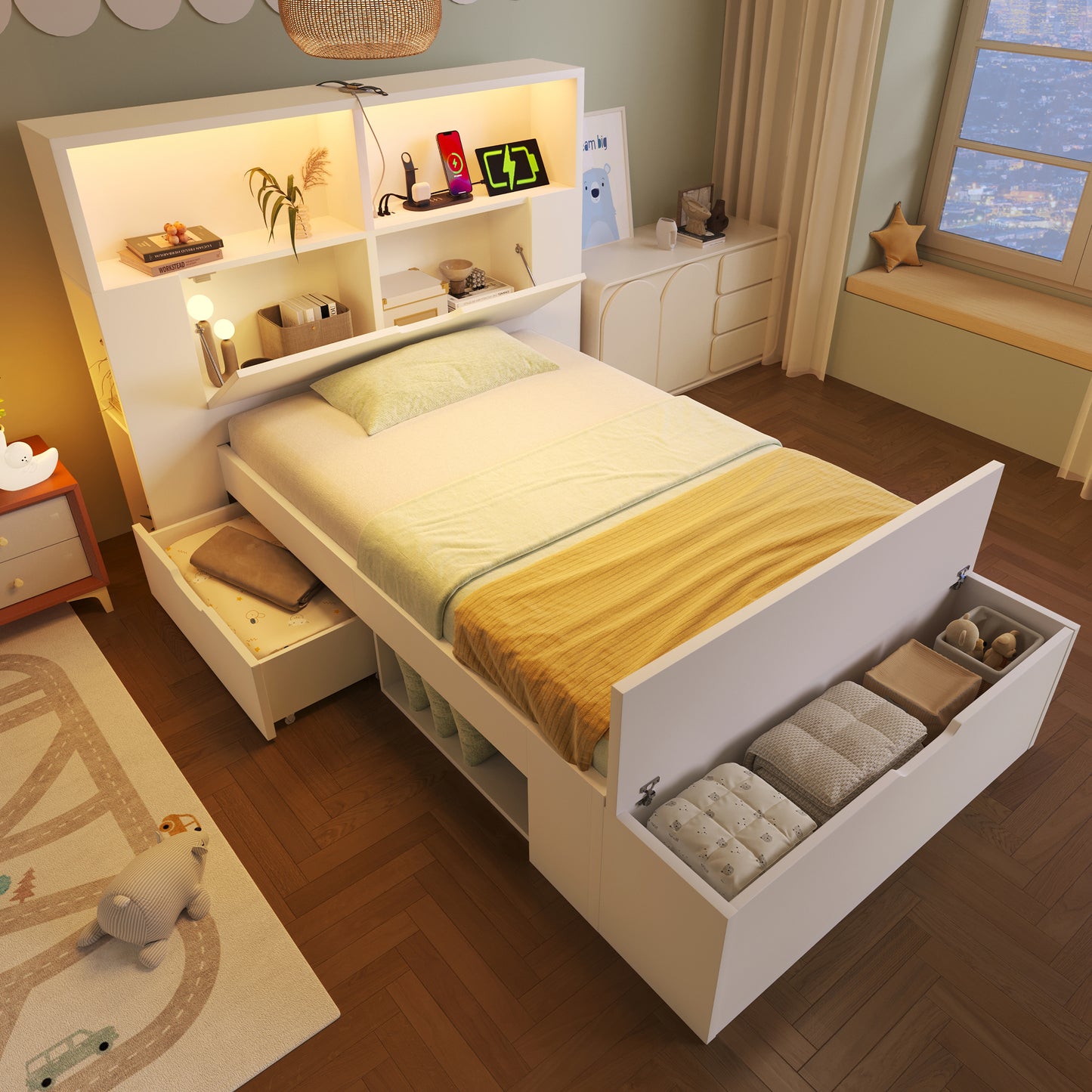 Gigab2b original image - Holzbett 90x200 cm Weiß Einzelbett mit Stauraum, LED-Beleuchtung, USB-Ladeanschlüssen, Schubladen, Bettbank, Regalen, Lattenrost, für Kinder/Jugendzimmer, ohne Matratze
