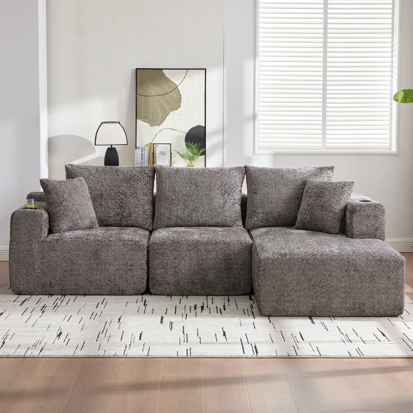 102'' Komprimiertes modulares Ecksofa, Grau knochenlos mit Getränkehalter, L-förmig mit tiefer Sitzfläche, keine Montage – Maße: 261×165×80.5 cm