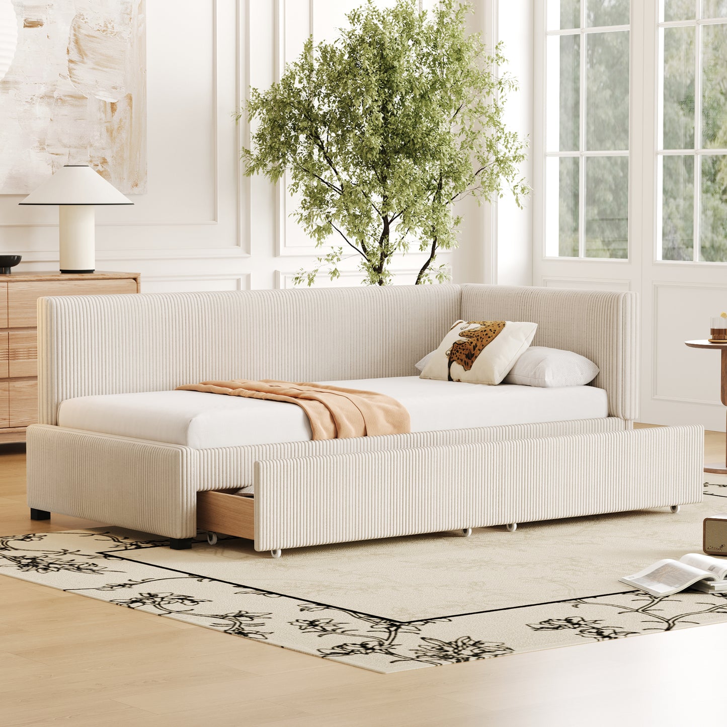 Gigab2b original image - Polsterbett Schlafsofa 90*200 Multifunktionsbett mit 2 großen Stauraumschubladen und Lattenrost hautfreundlicher Samtstoff Beige